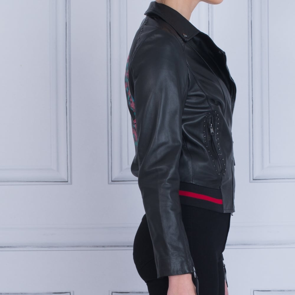 Marc Cain Hand Painted Peace Sign Leather Biker Jacket Black