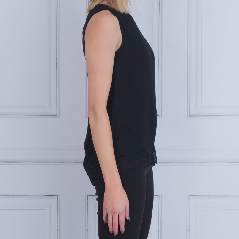Round Neck Sleeveless Tunic With Lace Hem In Black