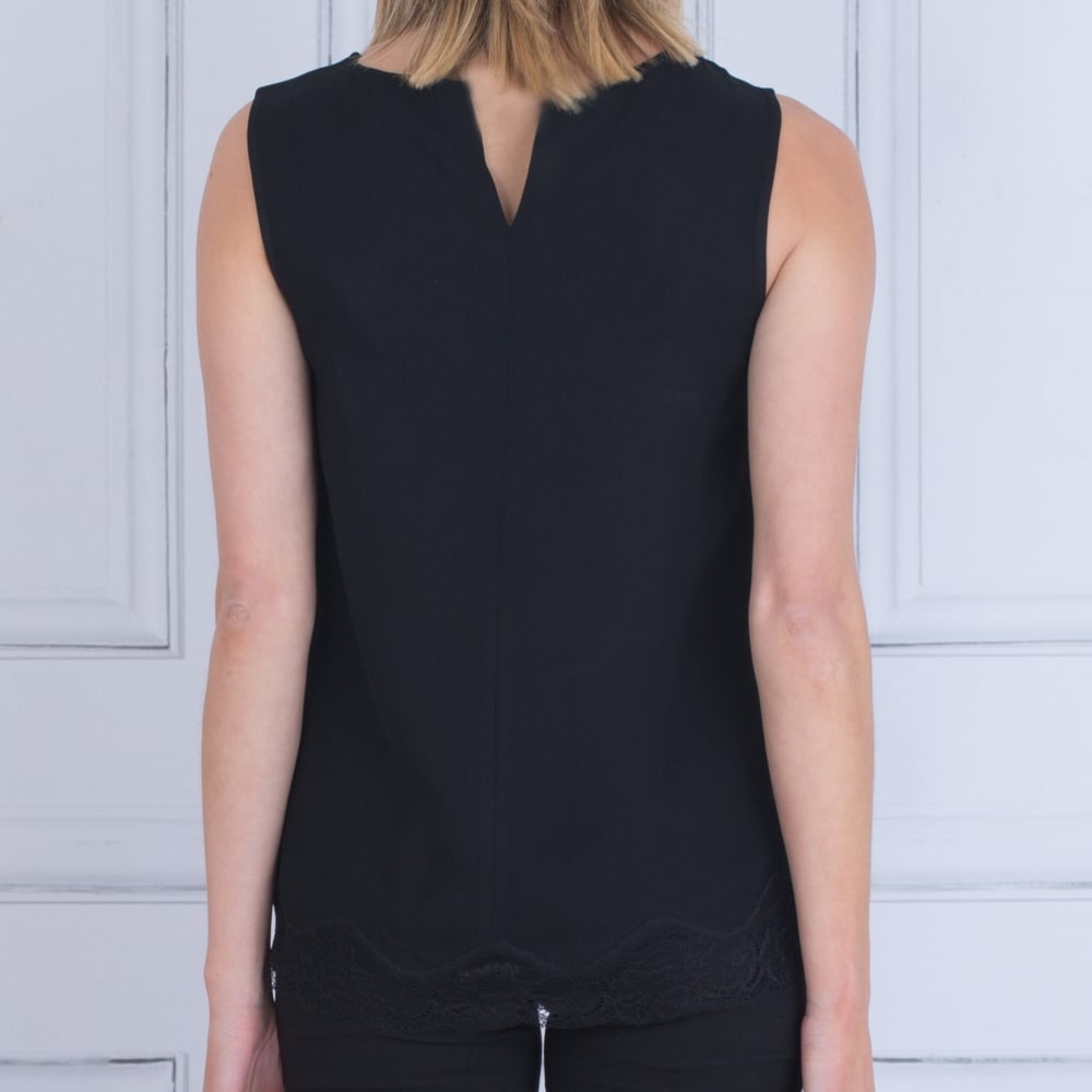 Round Neck Sleeveless Tunic With Lace Hem In Black