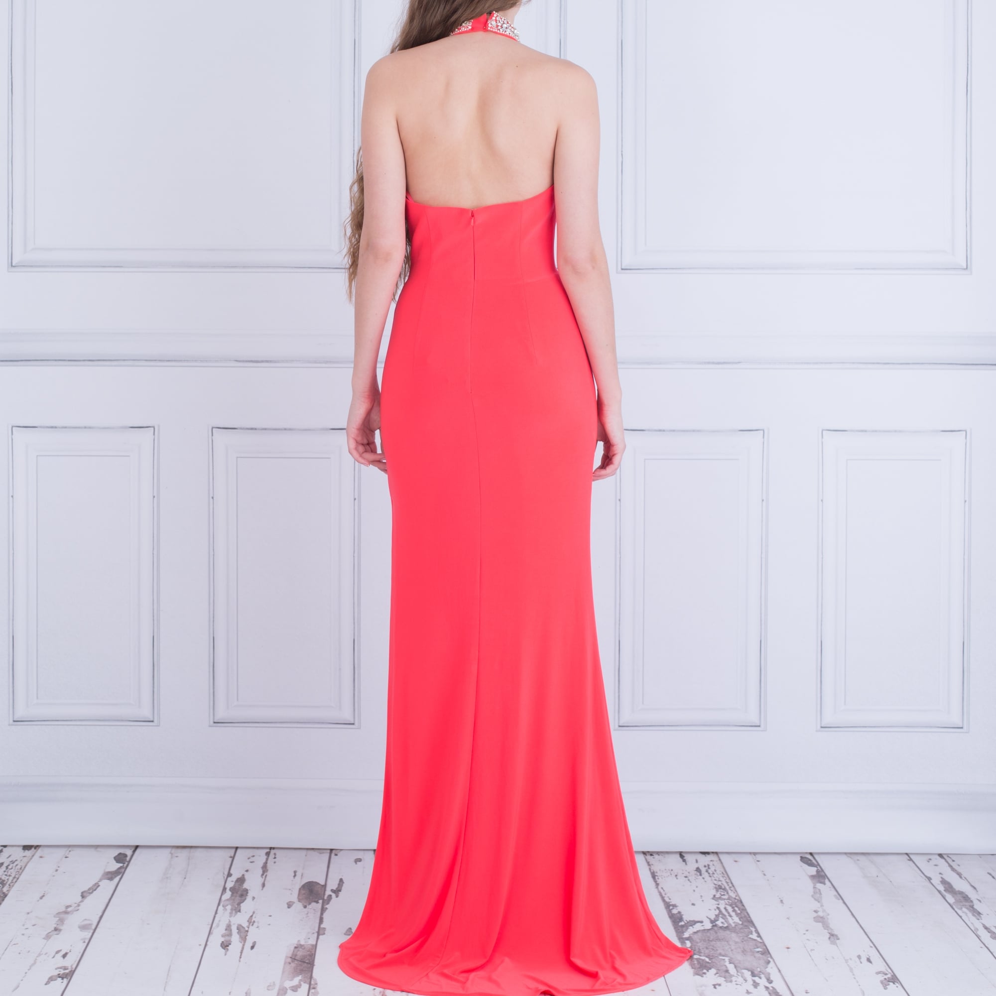 Forever Unique Promise Long Maxi Dress With Choker Neck Coral