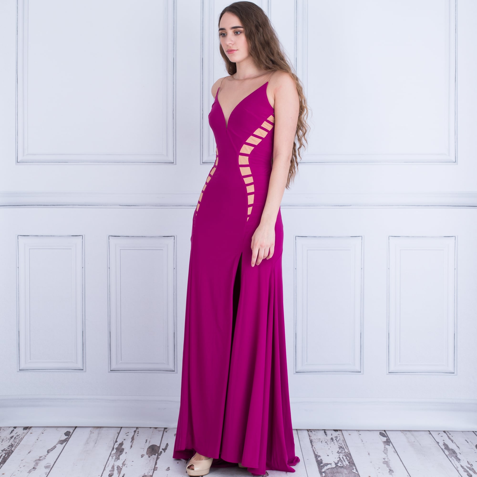 Forever Unique Courtney Long Evening Dress With Mesh Cut Out Magenta
