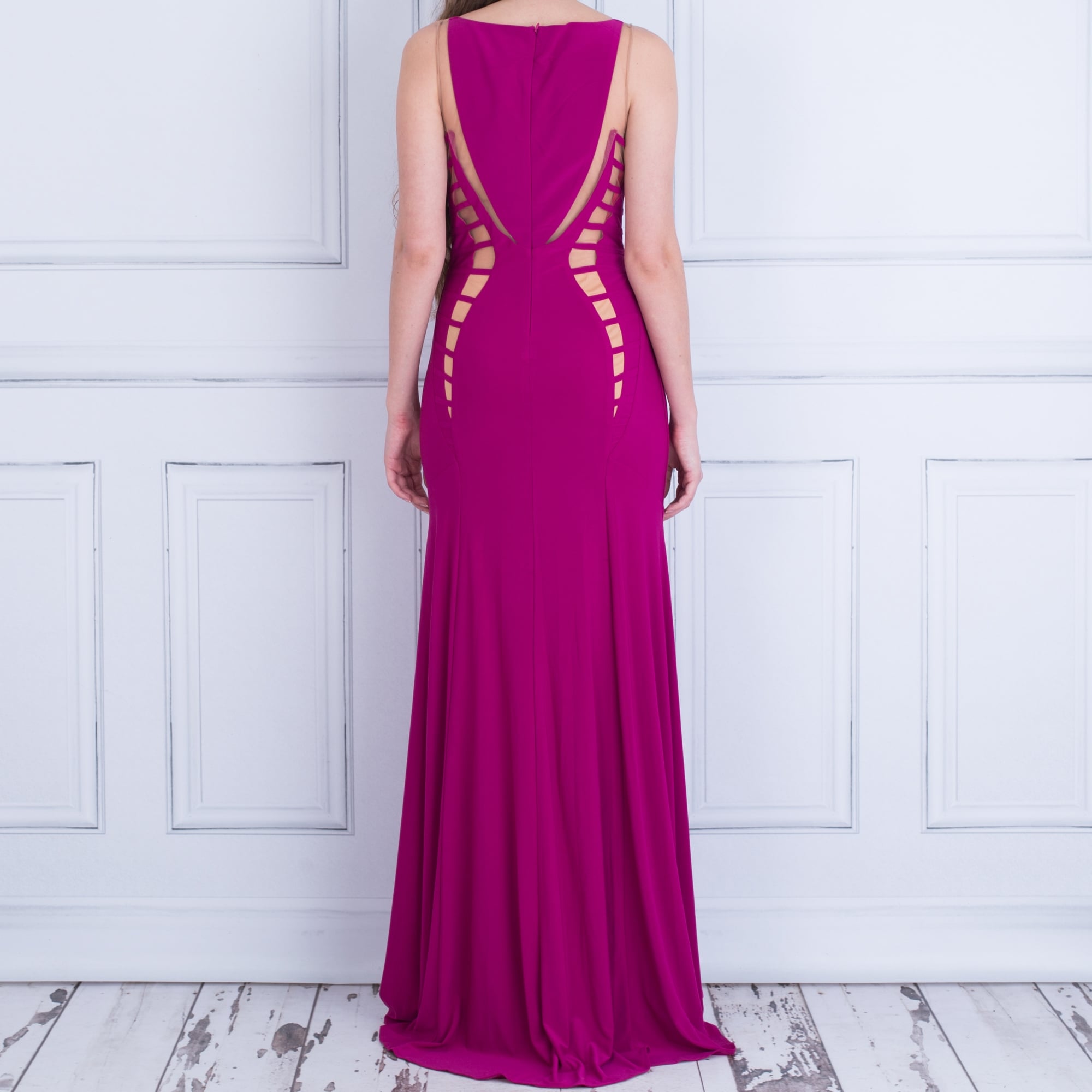 Forever Unique Courtney Long Evening Dress With Mesh Cut Out Magenta