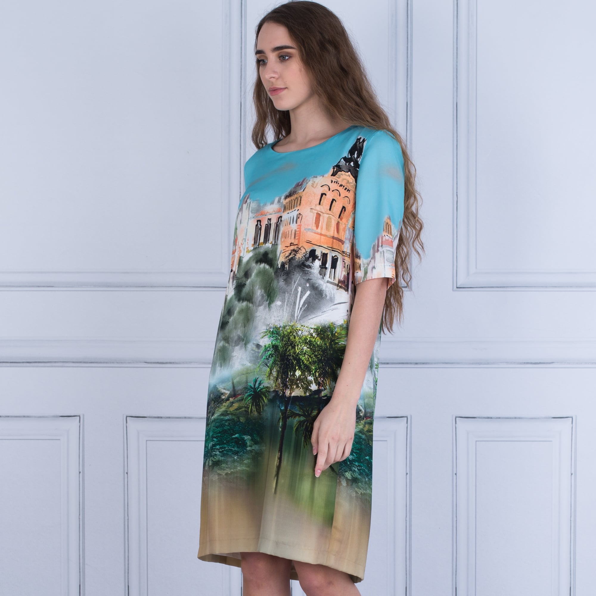 Loose Bodied Building Print Dress In Multi