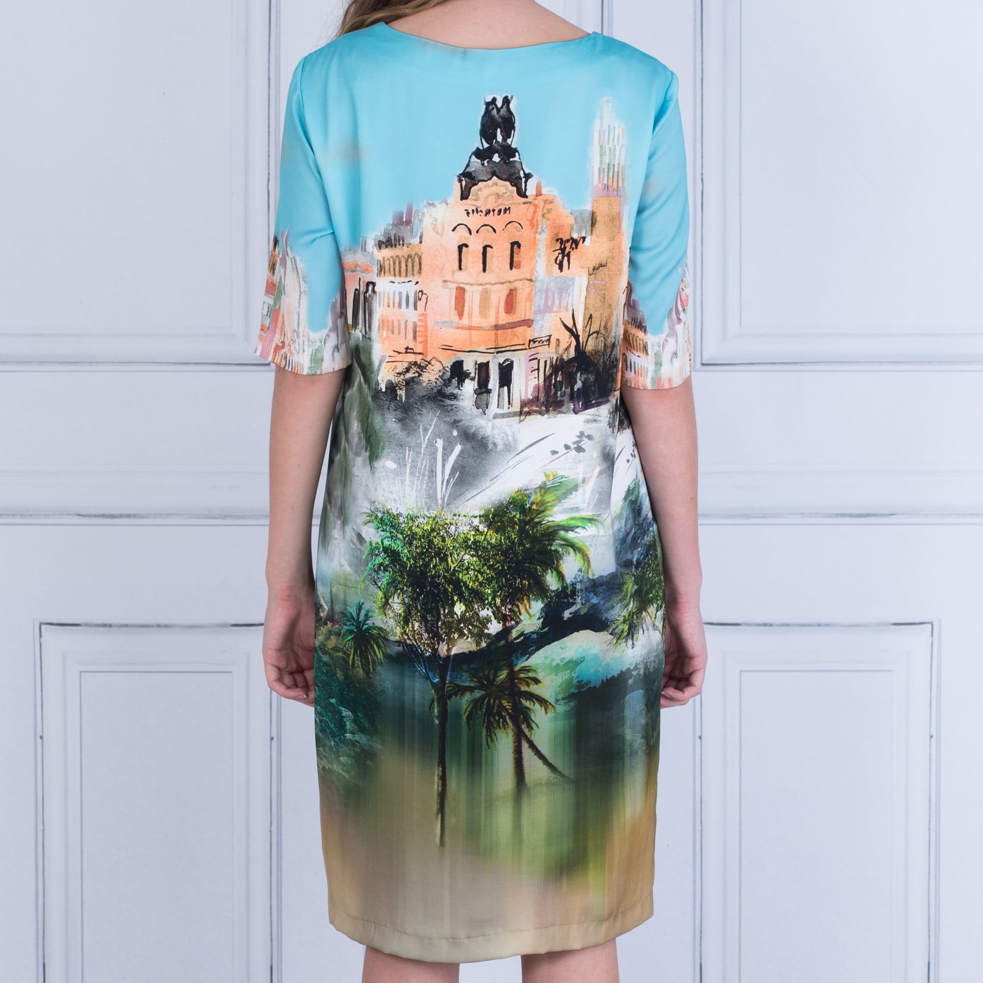 Loose Bodied Building Print Dress In Multi