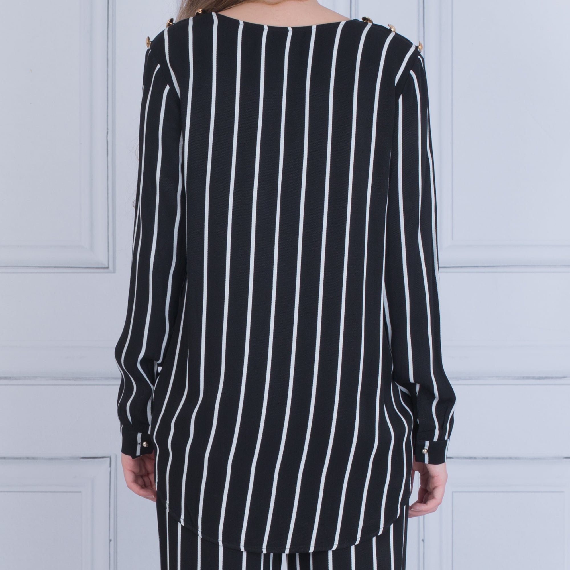 Forever Unique Angel Wrap Front Stripe Dip Back Blouse Black/White