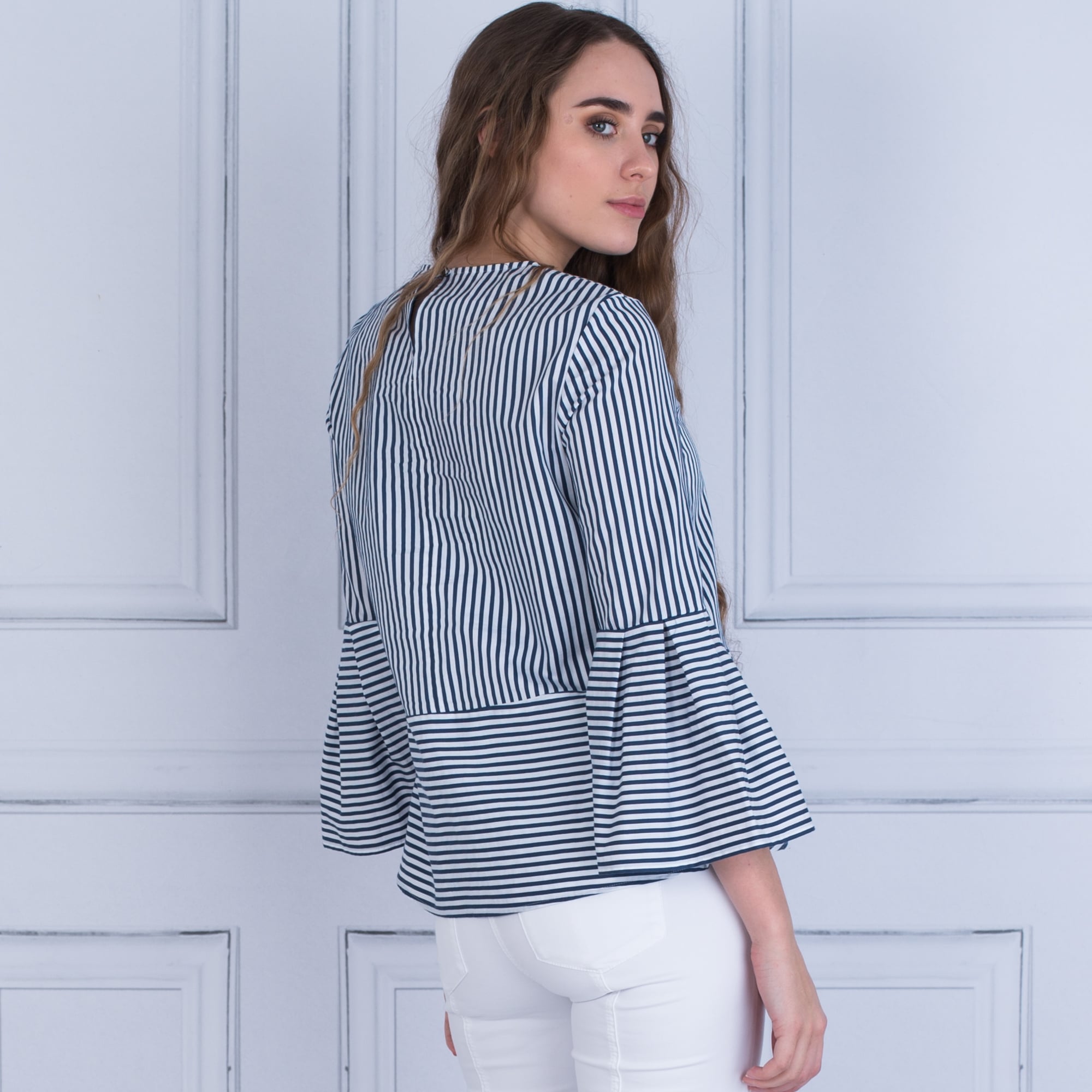 Luisa Cerano Stripe Flute Sleeve Blouse French Navy/White