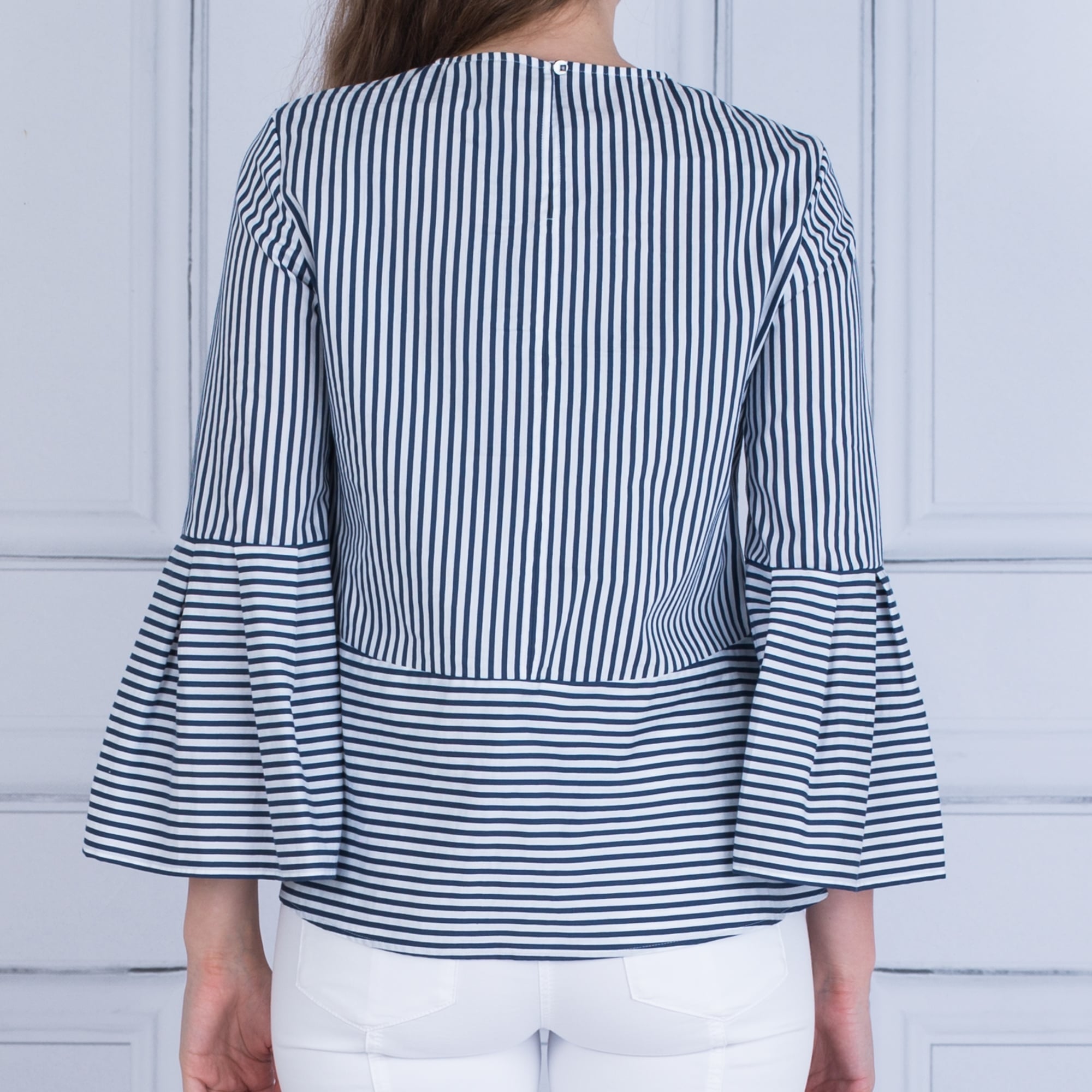 Luisa Cerano Stripe Flute Sleeve Blouse French Navy/White
