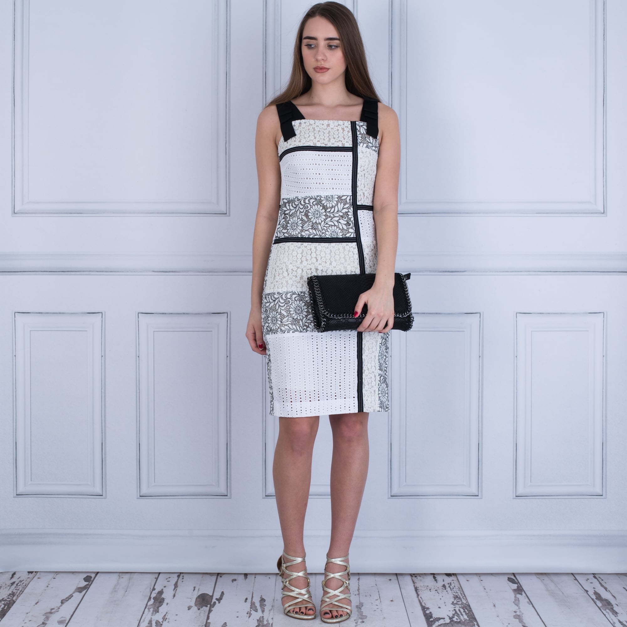 Riani Patchwork Dress Ecru/Black