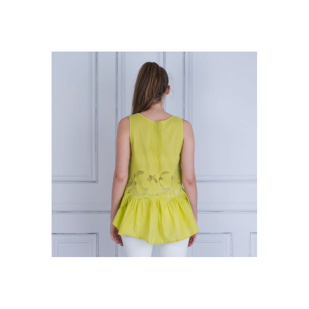 Marc Cain Scoop Neck Sleeveless Frill Hem Embroidered Top Lime