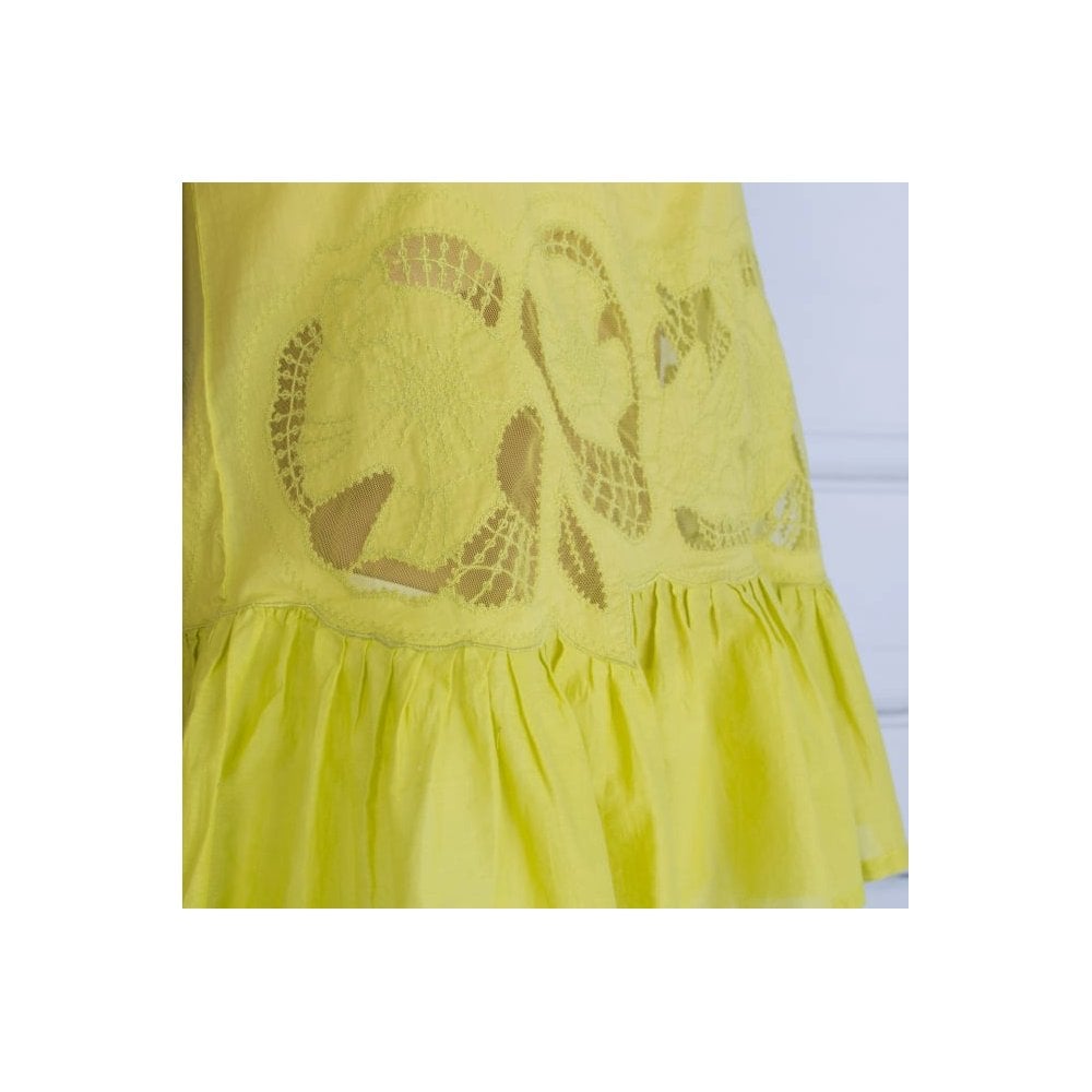 Marc Cain Scoop Neck Sleeveless Frill Hem Embroidered Top Lime