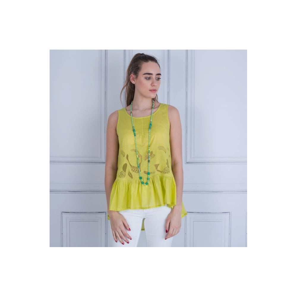 Marc Cain Scoop Neck Sleeveless Frill Hem Embroidered Top Lime