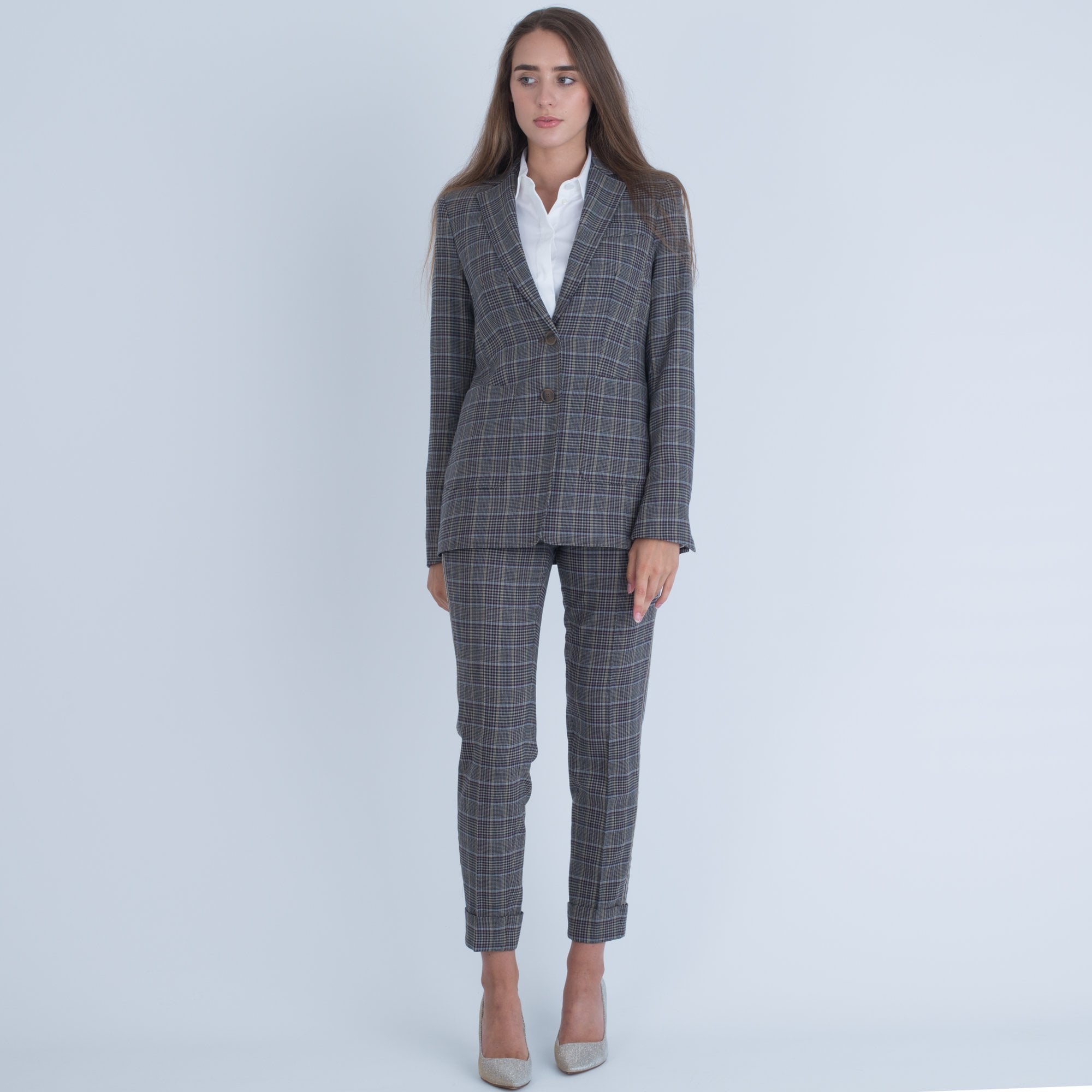 Riani Check Trouser With Metal Tape Side Bronze Check