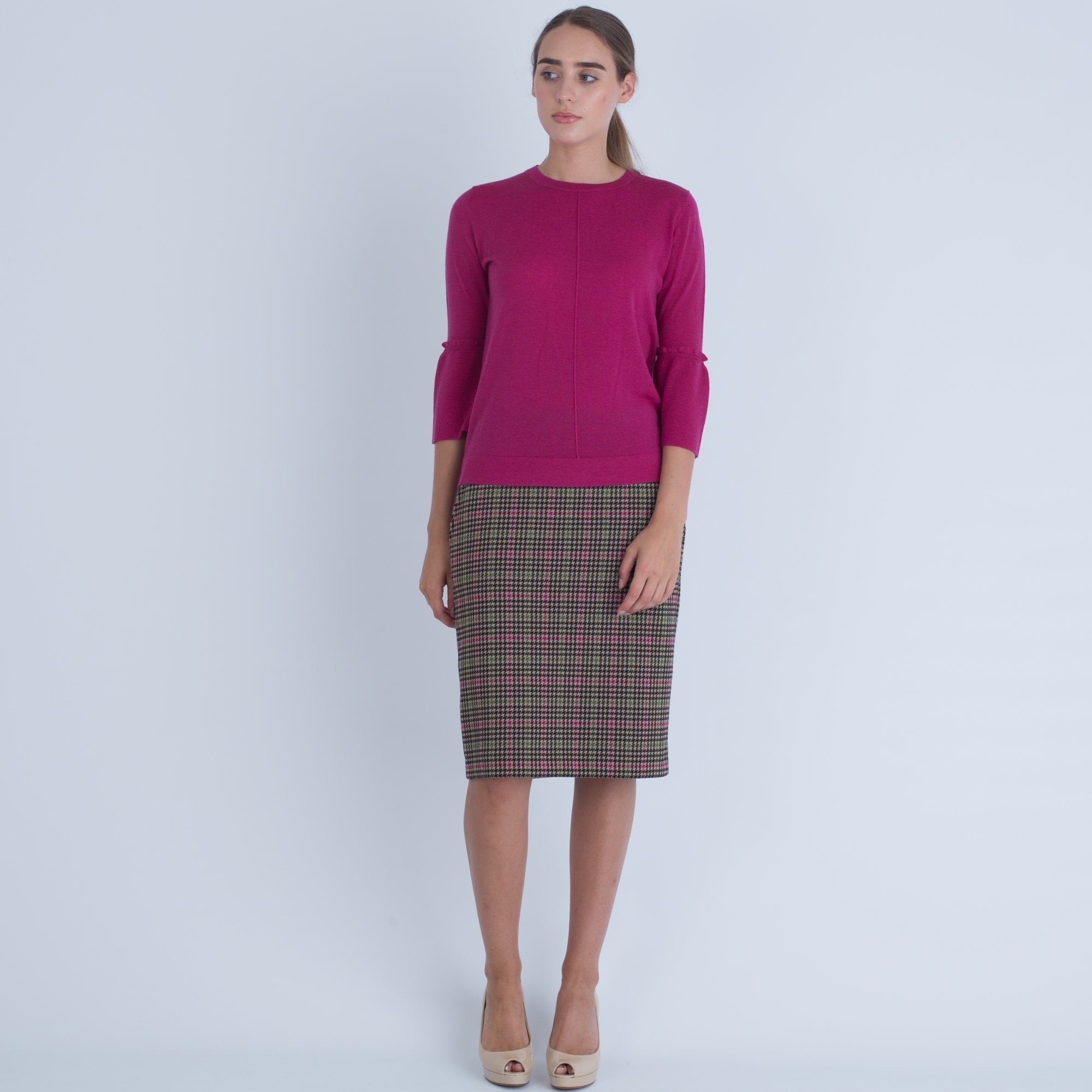 Luisa Cerano Round Neck Jumper With Fluted Sleeve Raspberry