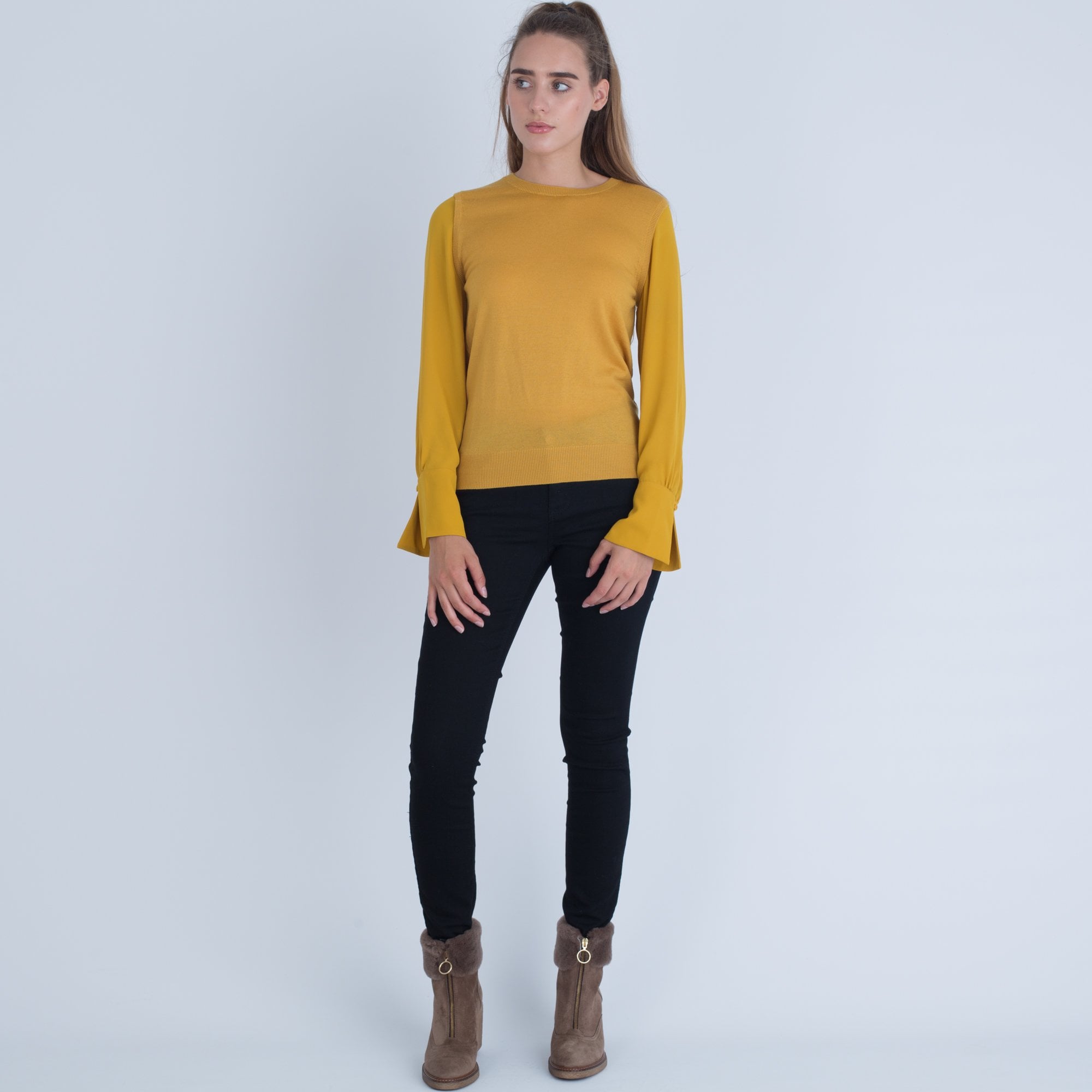 Luisa Cerano Round Neck Knitted Jumper With Acetate Sleeve Mustard