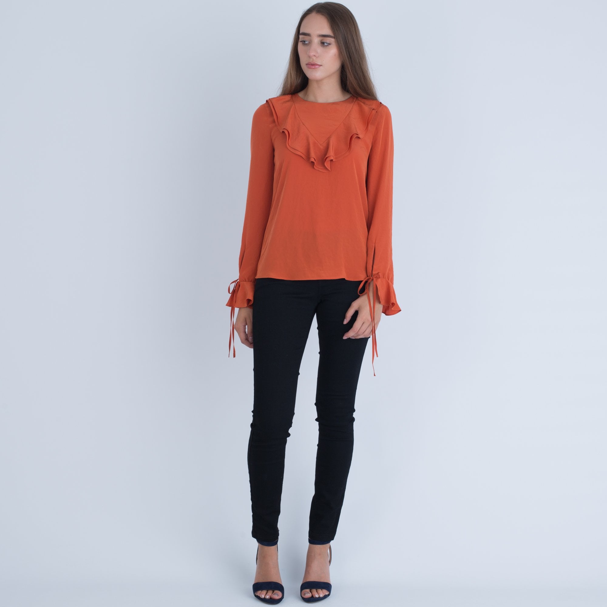 Luisa Cerano Viscose Blouse With Frill Front And Tie Sleeve Orange