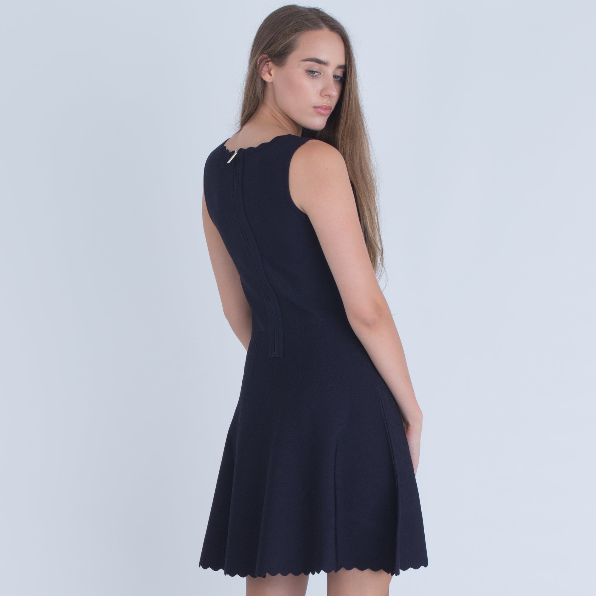 Marciano Scalloped Hem And Neck Fit And Flare Dress Navy