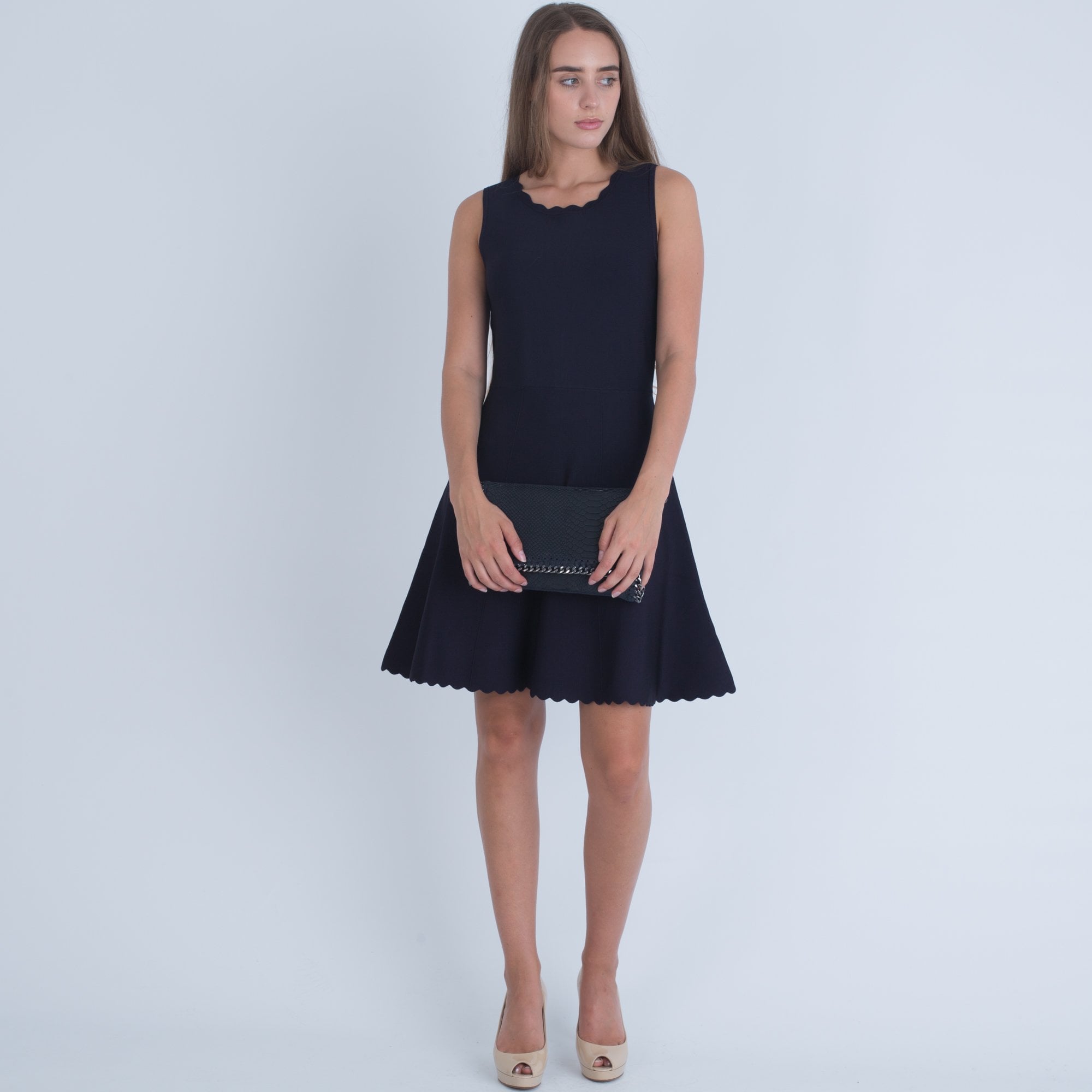 Marciano Scalloped Hem And Neck Fit And Flare Dress Navy
