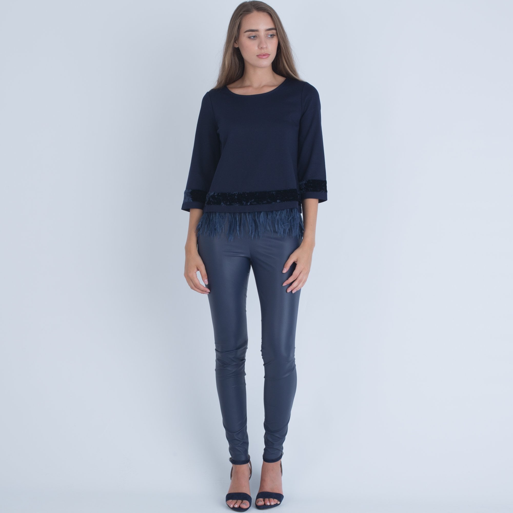 Riani Scoop Neck Top With Velvet Trim And Detatchable Fe Navy