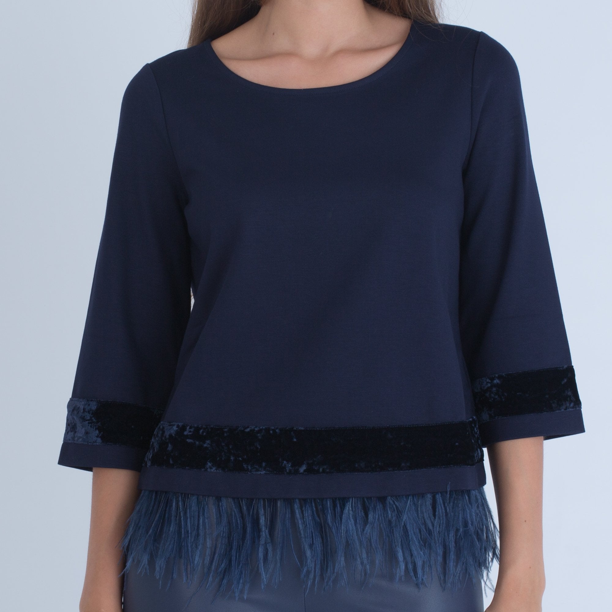 Riani Scoop Neck Top With Velvet Trim And Detatchable Fe Navy