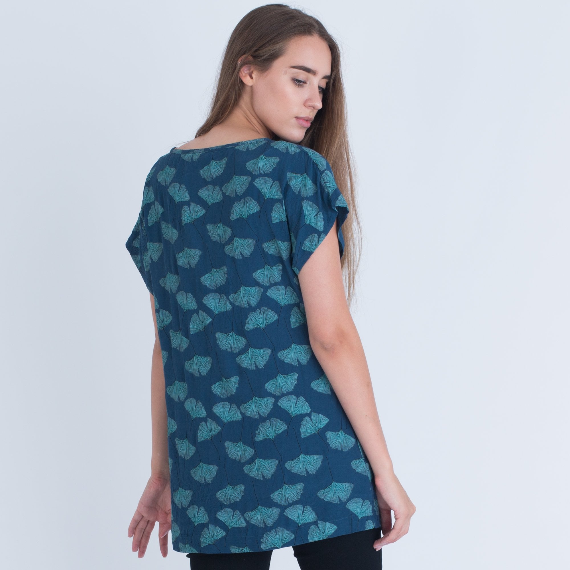 Masai Emely Fan Print Blouse With Tie Side Teal