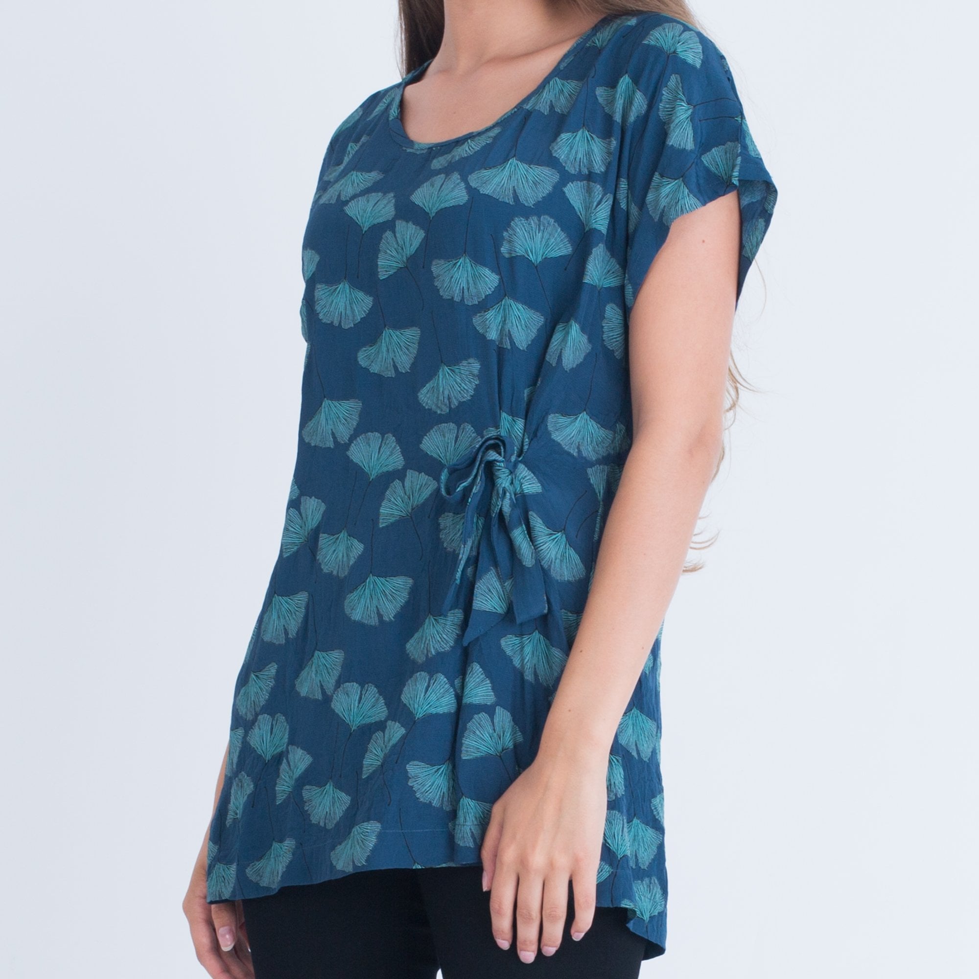 Masai Emely Fan Print Blouse With Tie Side Teal