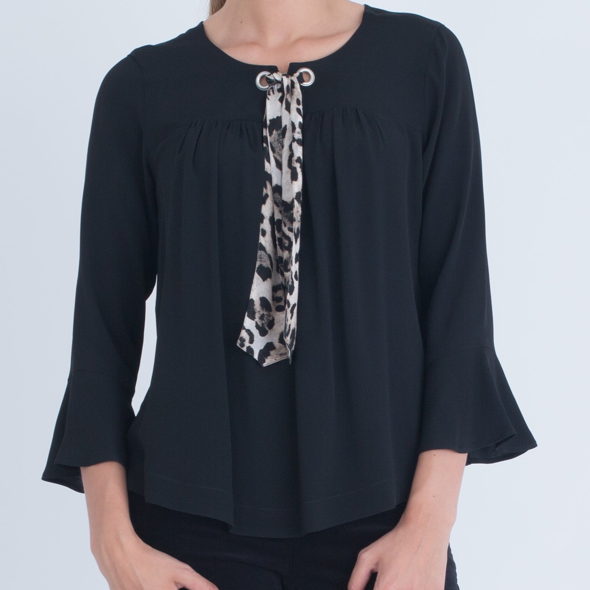 Riani Leopard Tie Blouse With Gathered Front And Flute Sleeve Black