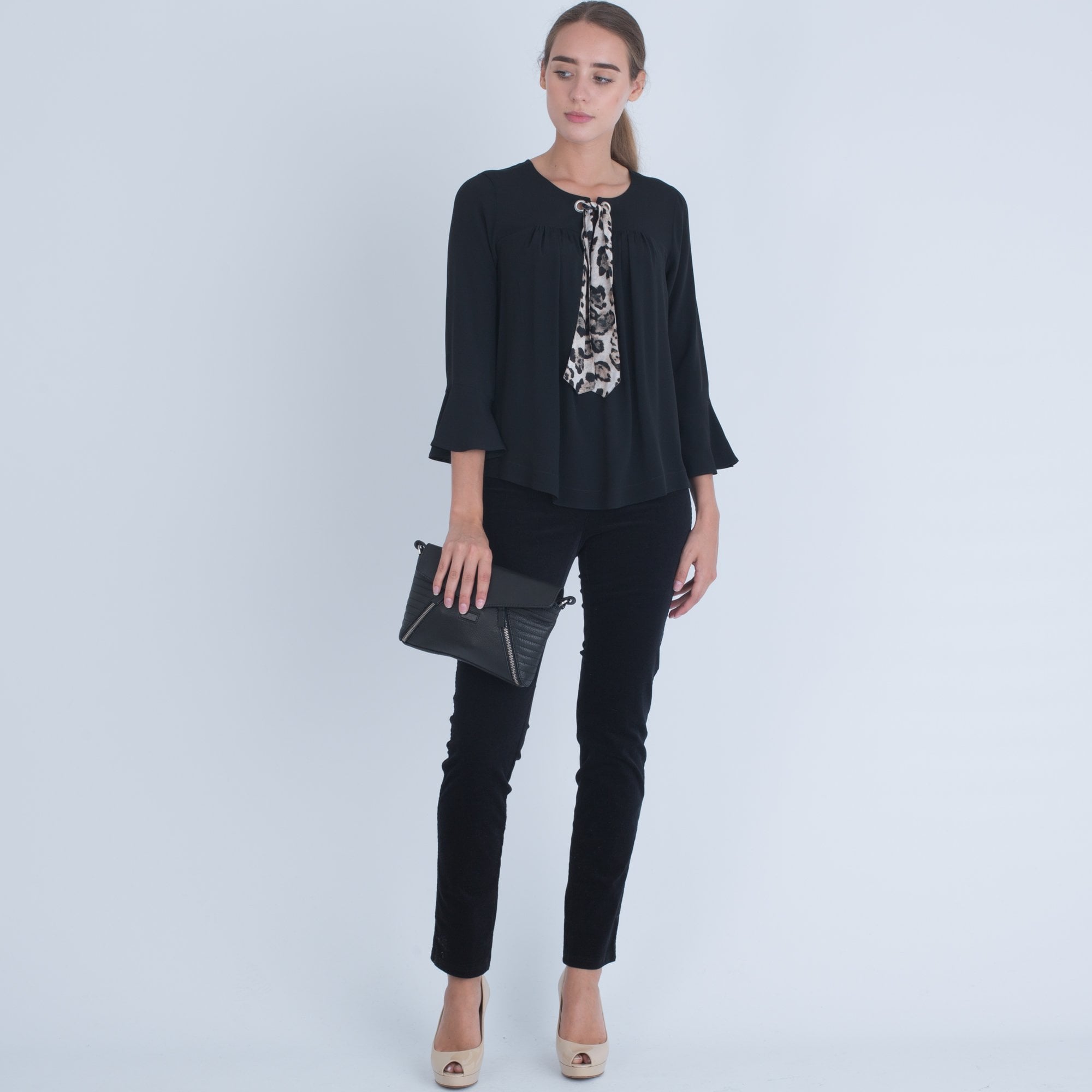 Riani Leopard Tie Blouse With Gathered Front And Flute Sleeve Black