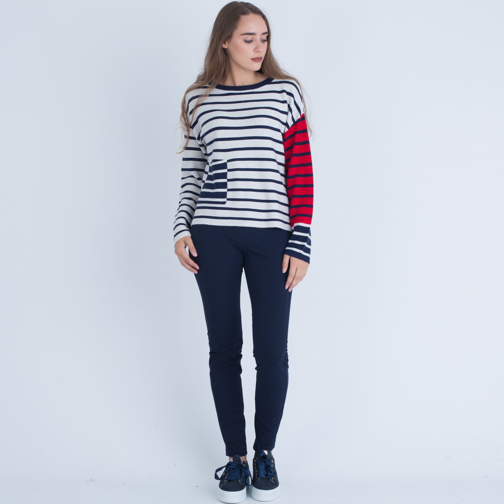 Oui Stripe Knit Jumper With Pocket Navy White