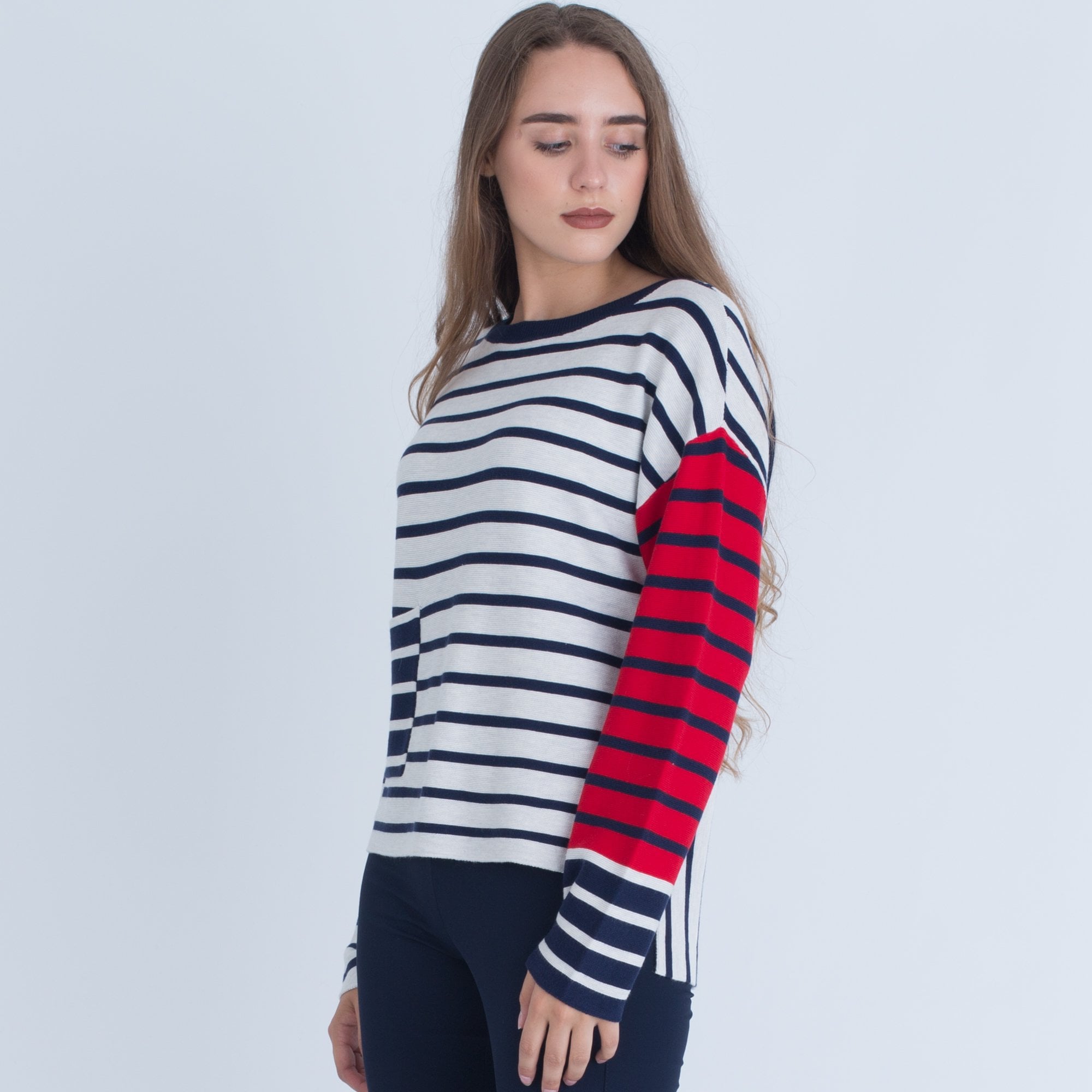Oui Stripe Knit Jumper With Pocket Navy White
