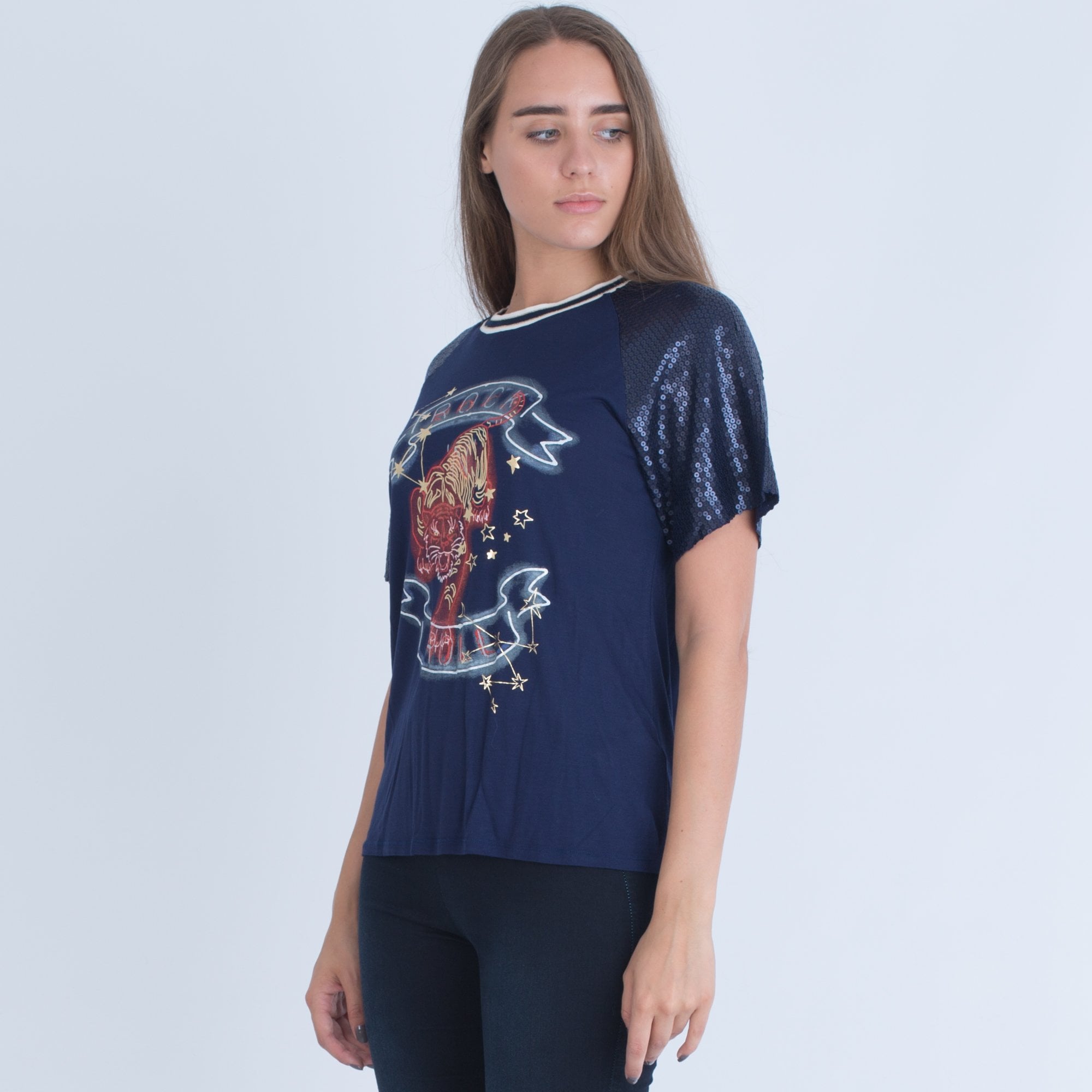 Oui Tiger Print T-Shirt Navy/Red