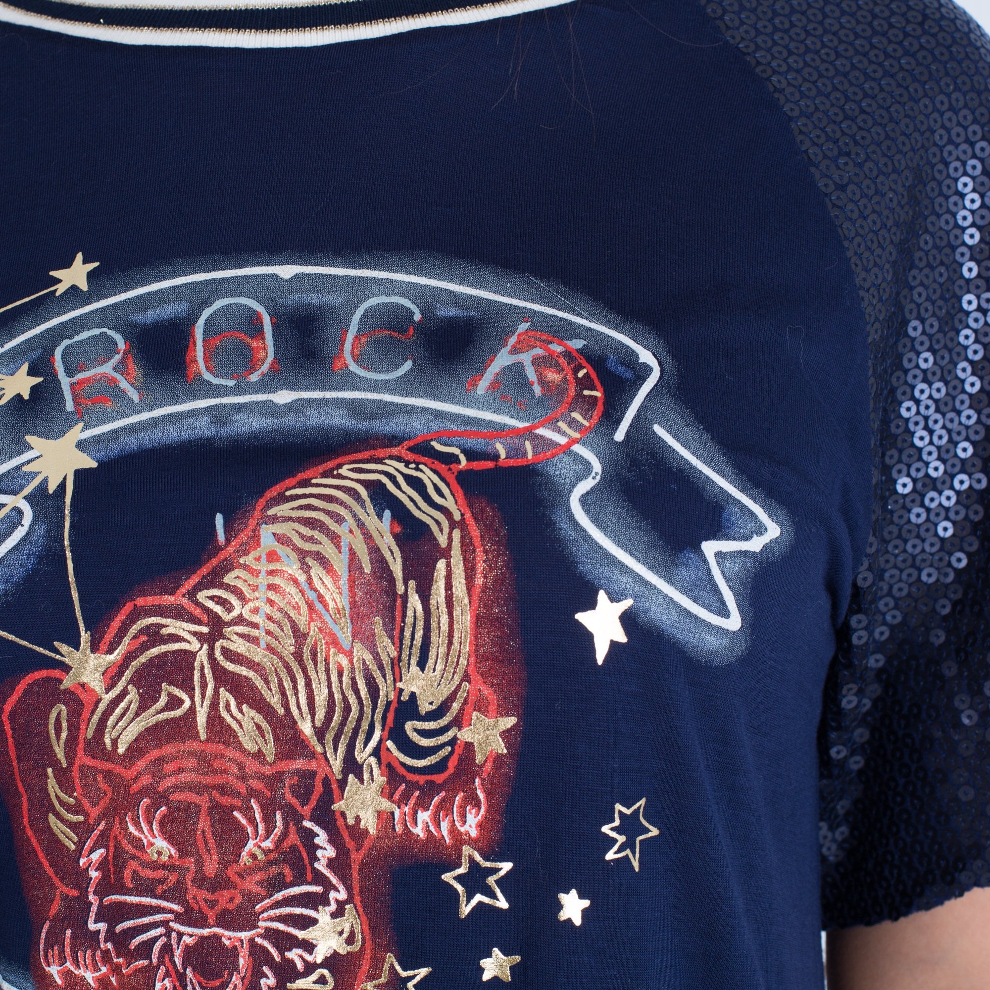 Oui Tiger Print T-Shirt Navy/Red