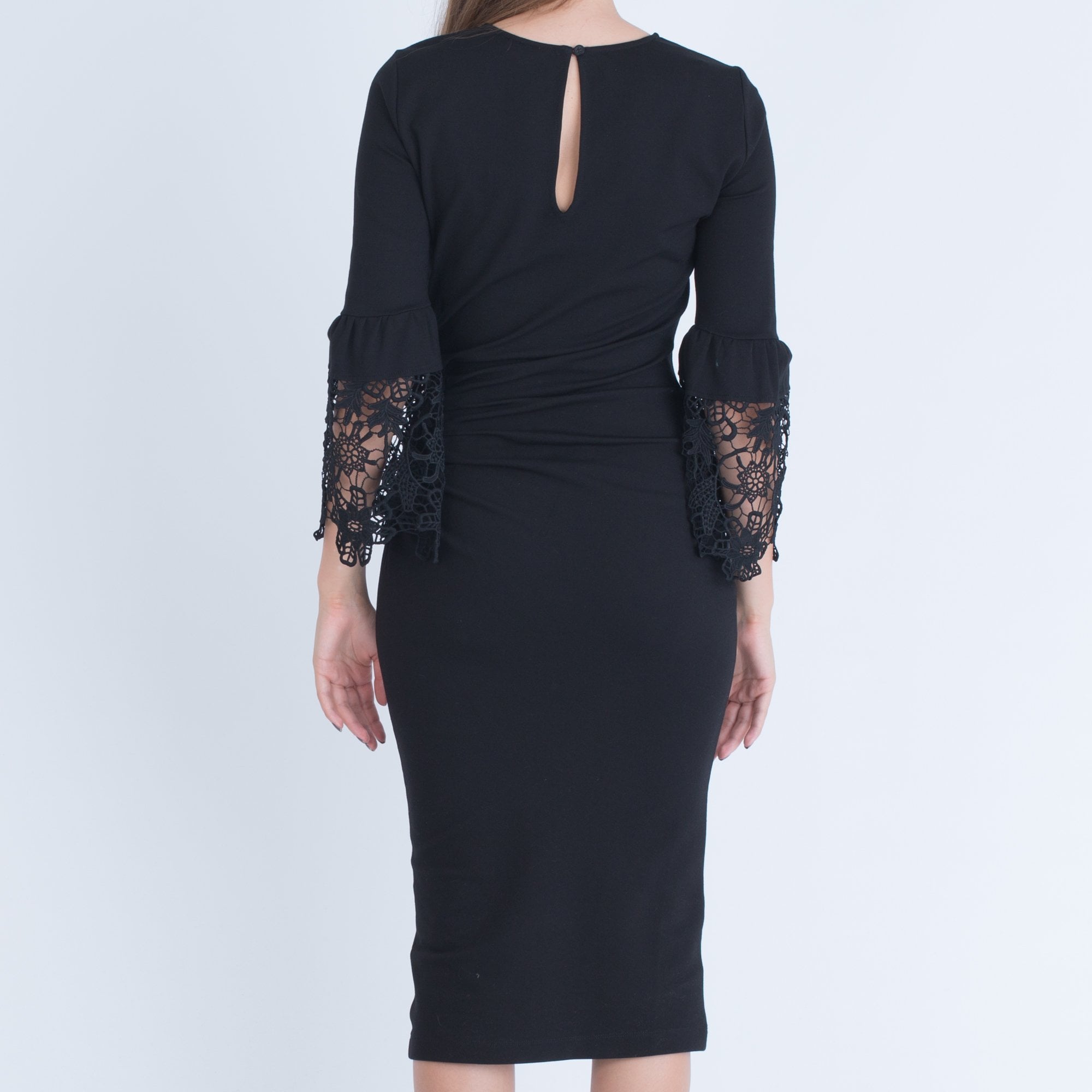 Hale Bob Lace Macrame Sleeve Below Knee Fitted Dress Black