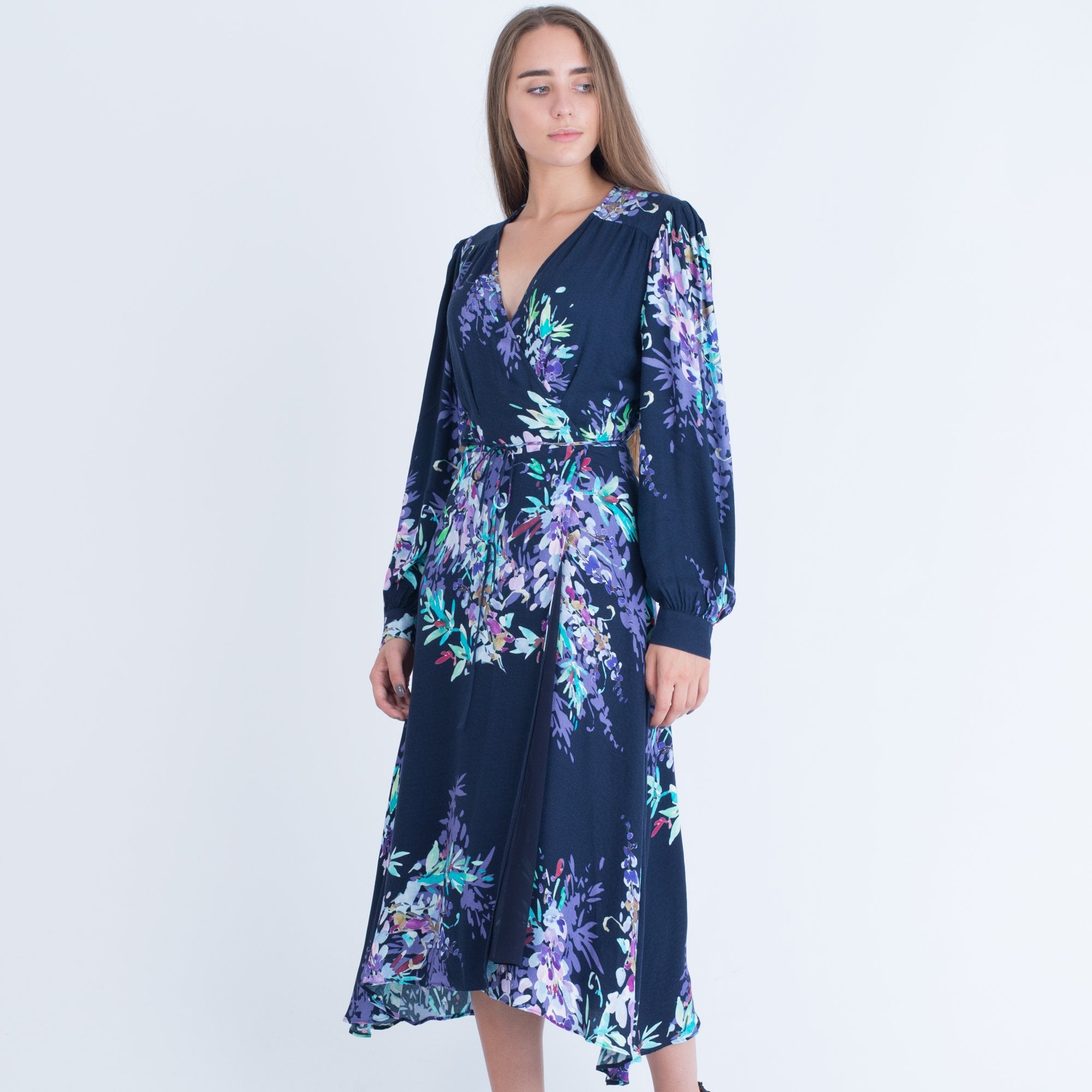 Hale Bob Wrap Floral Print Dress With Balloon Long Sleeve Navy/Purple
