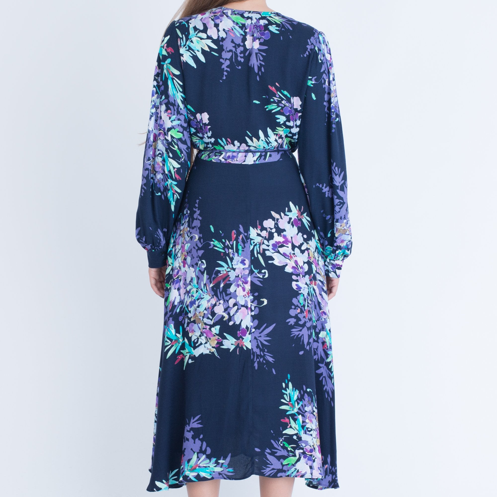 Hale Bob Wrap Floral Print Dress With Balloon Long Sleeve Navy/Purple