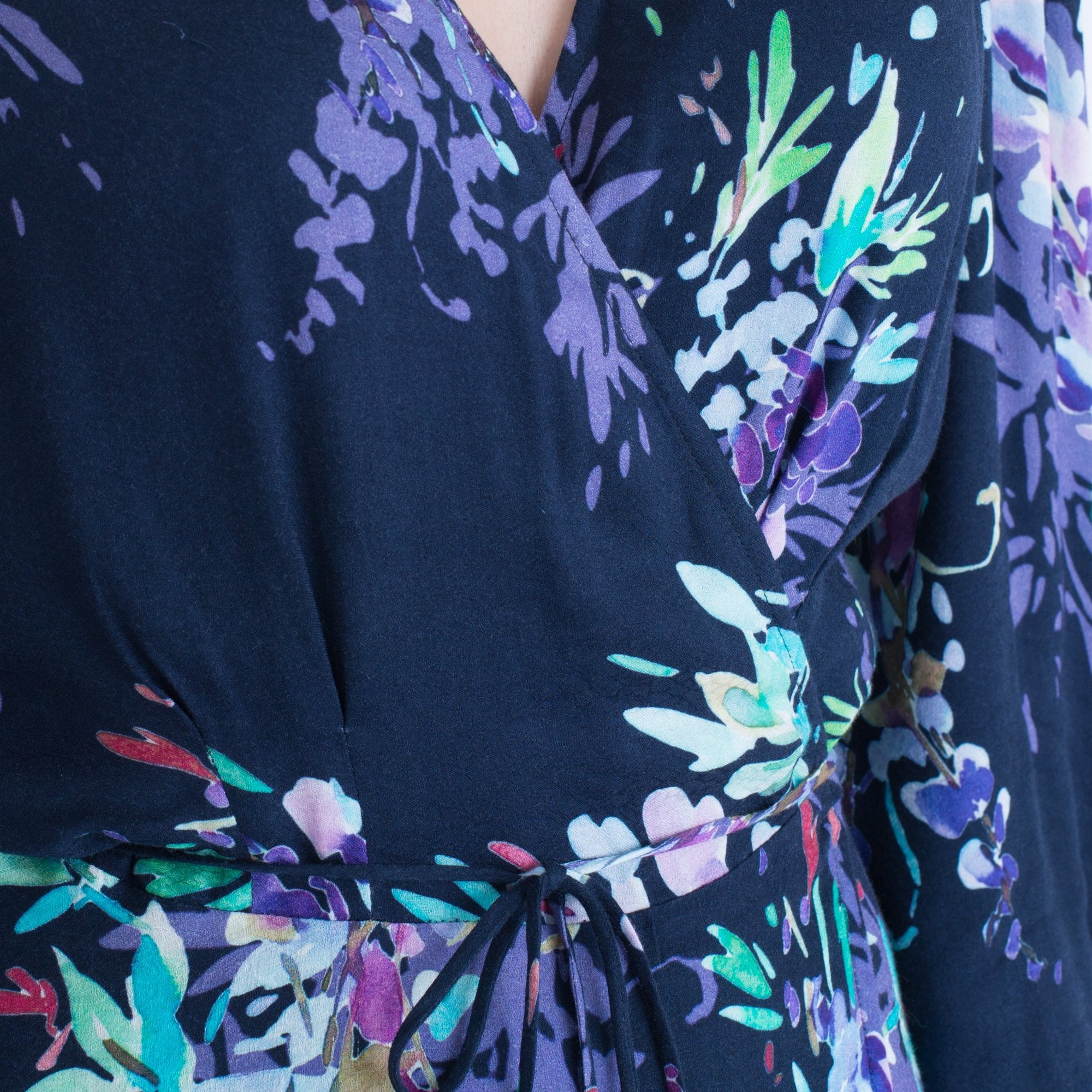 Hale Bob Wrap Floral Print Dress With Balloon Long Sleeve Navy/Purple