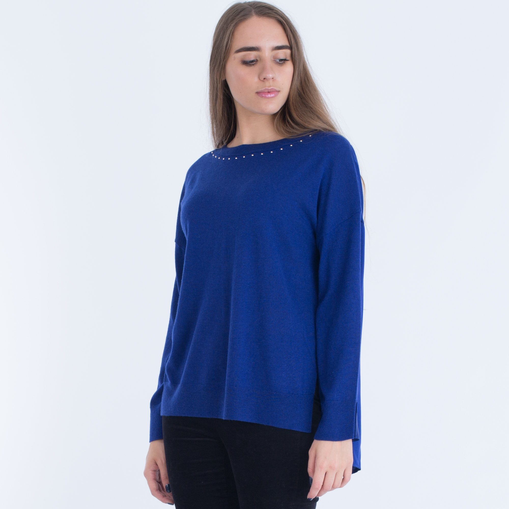 Marc Cain Round Neck Silk Back Jumper With Studded Neck Cobalt