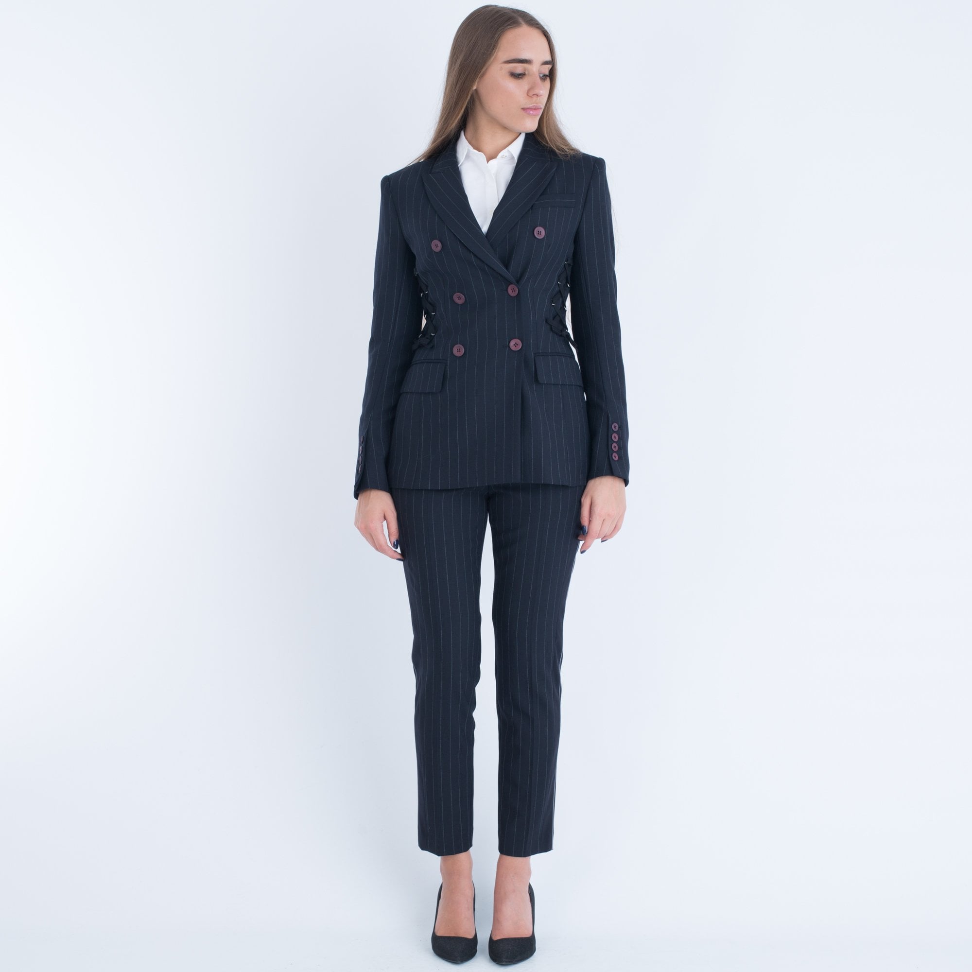 Marc Cain Pinstripe Jacket With Tie Front Navy