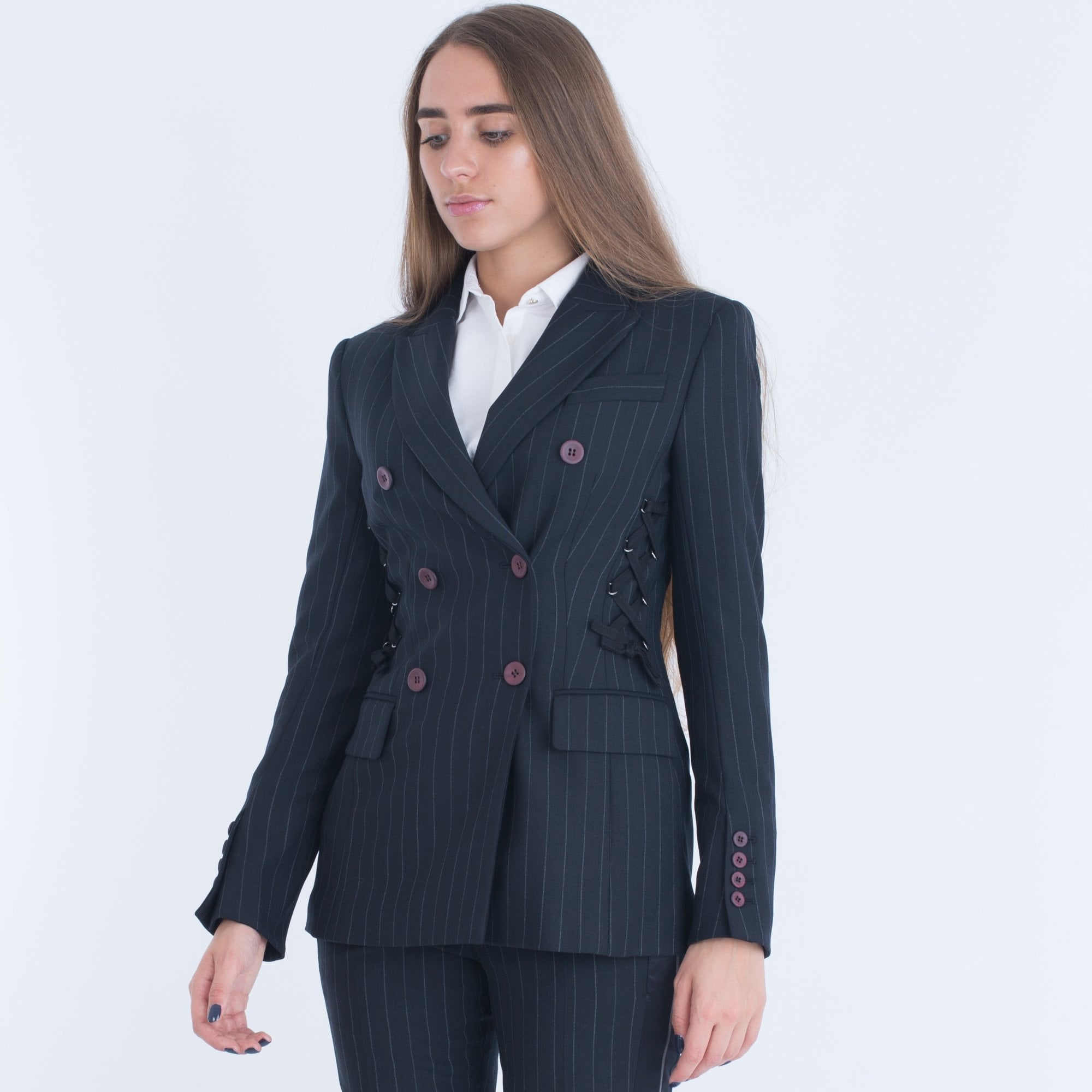 Marc Cain Pinstripe Jacket With Tie Front Navy