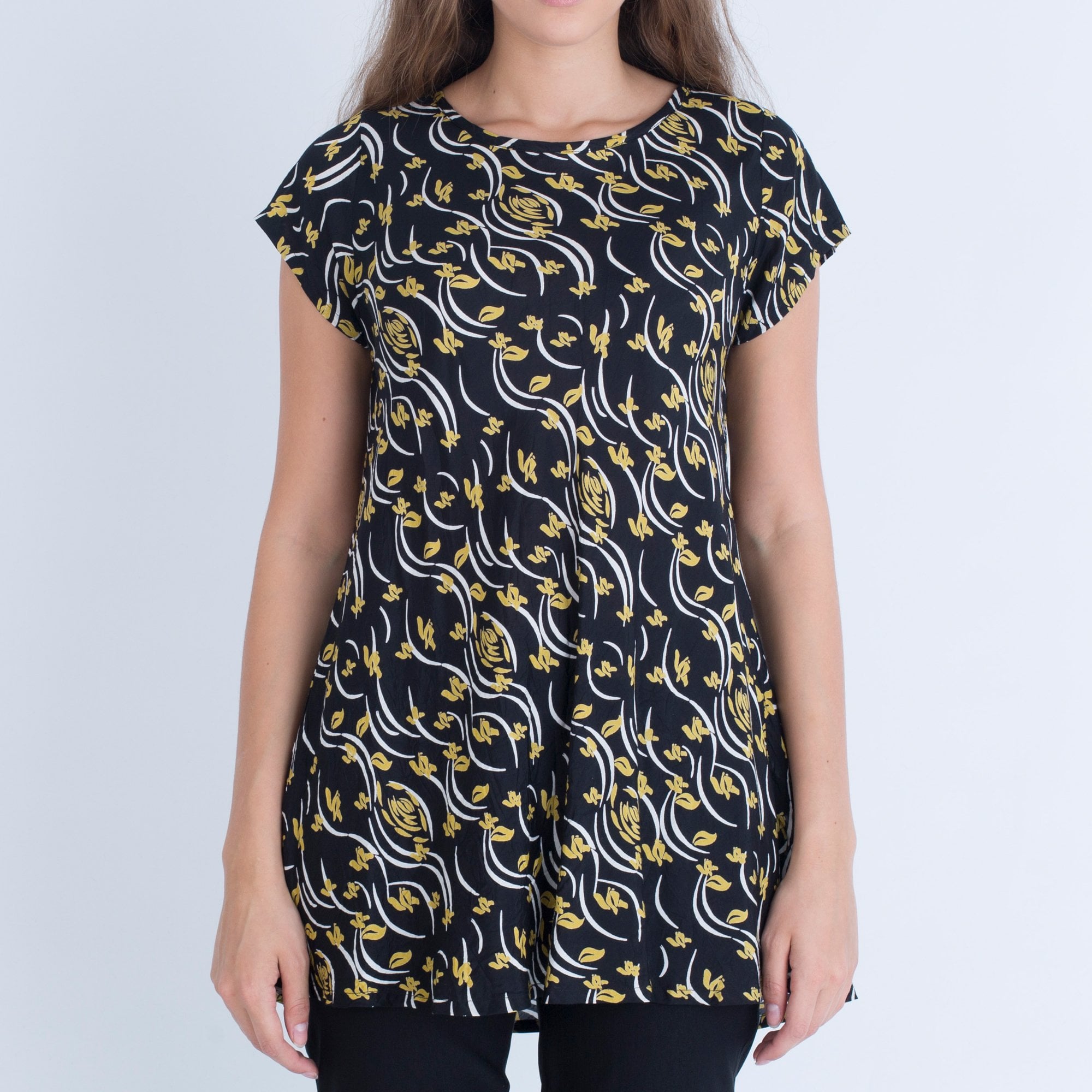 Masai Kris Wild Flower Print Round Neck Bias Cut Top Blk/Wht/Beige