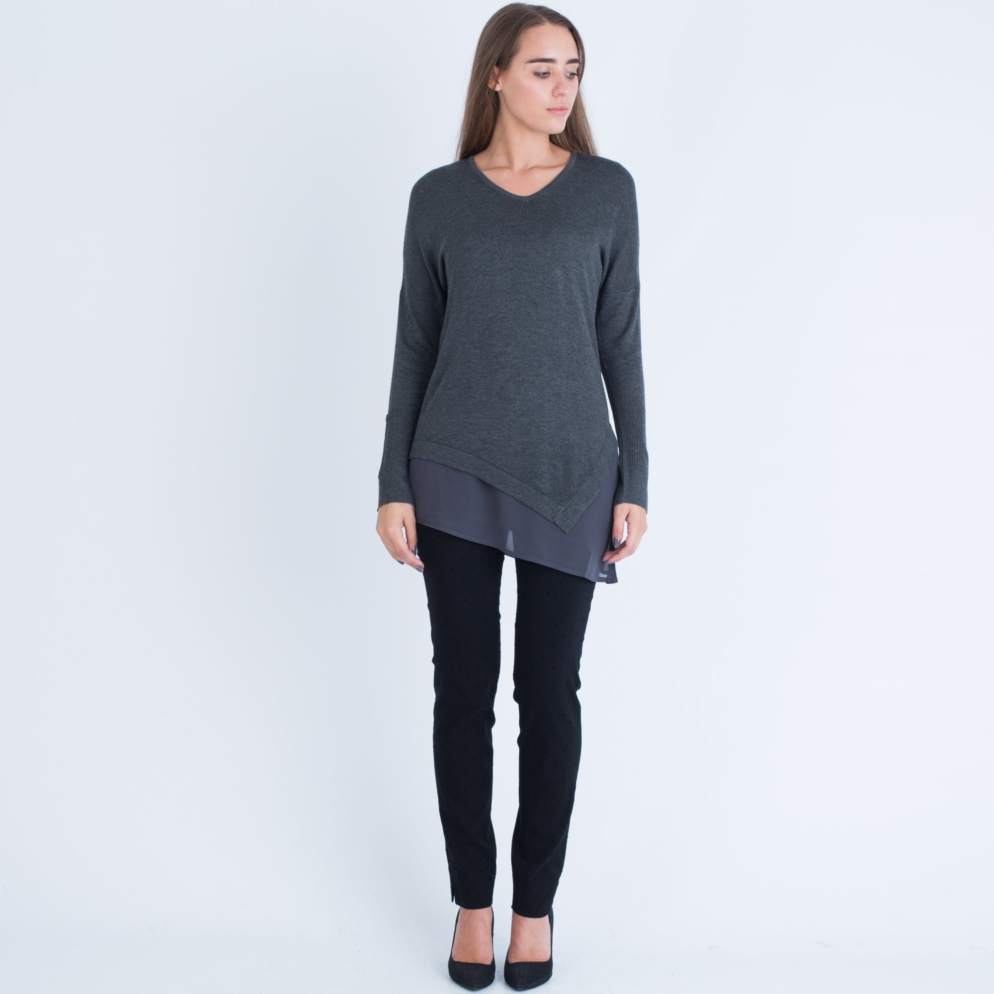 Marble Fashions V Neck Fitted Jumper With Button Arm & Vest Grey