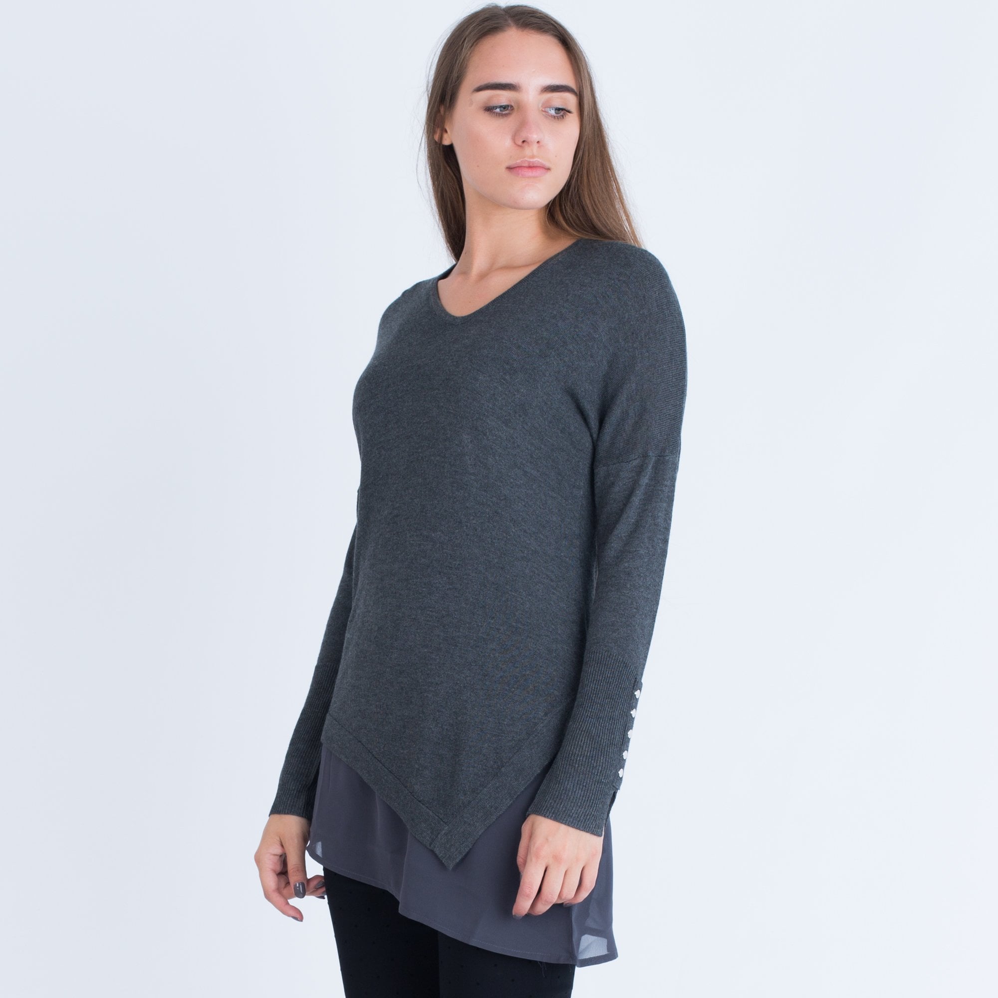 Marble Fashions V Neck Fitted Jumper With Button Arm & Vest Grey