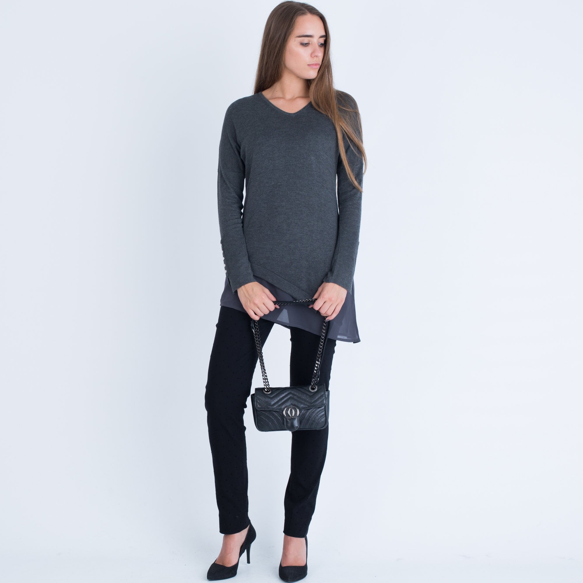 Marble Fashions V Neck Fitted Jumper With Button Arm & Vest Grey