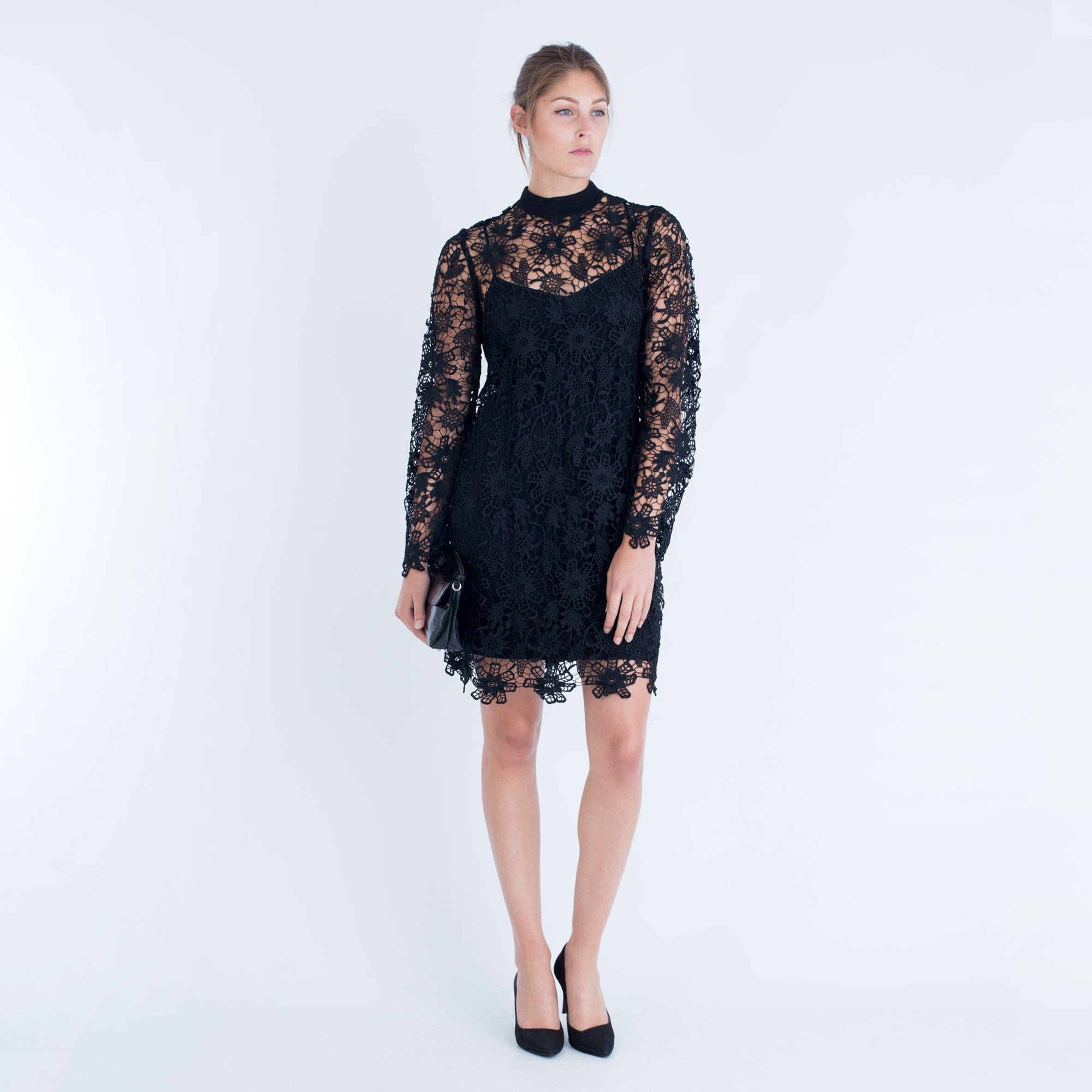 Hale Bob Roll Neck Lace Dress Black