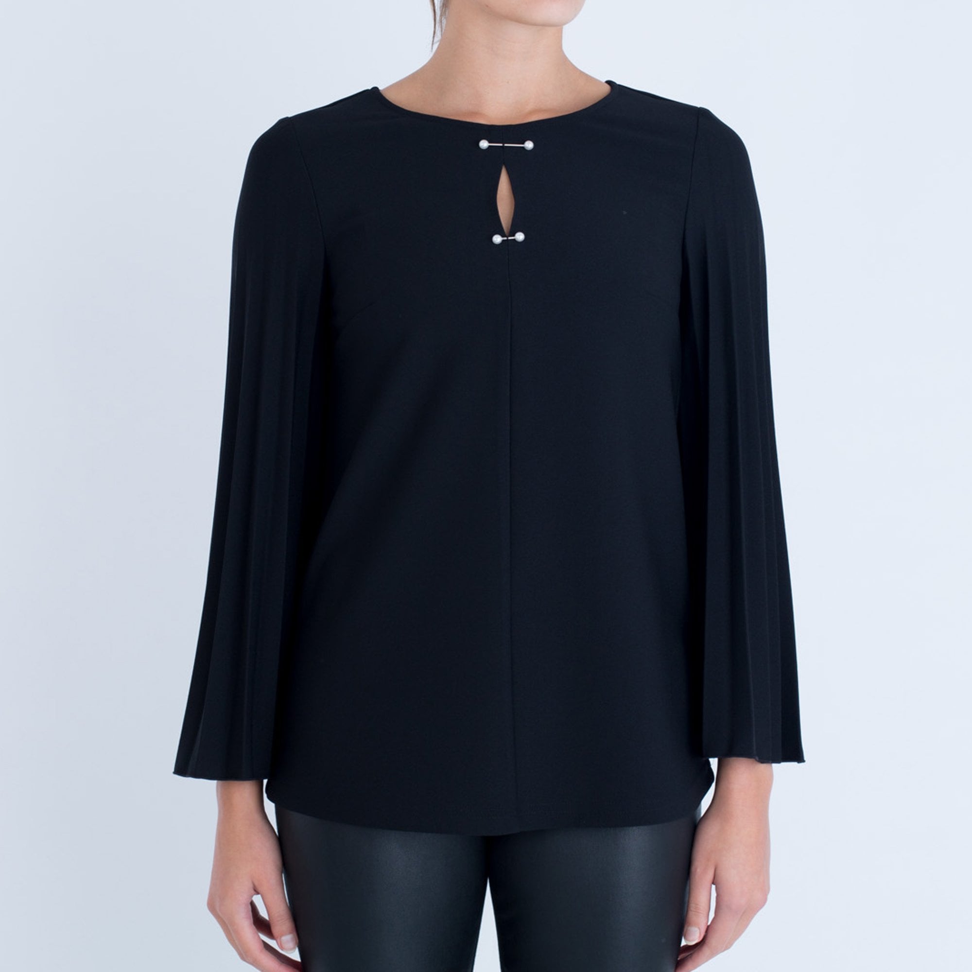 Camelot Round Neck Pleat Sleeve Pin Top Black