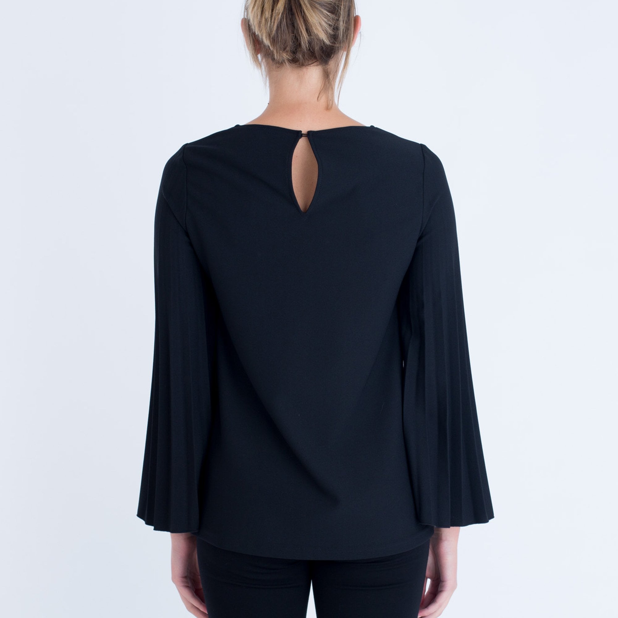 Camelot Round Neck Pleat Sleeve Pin Top Black