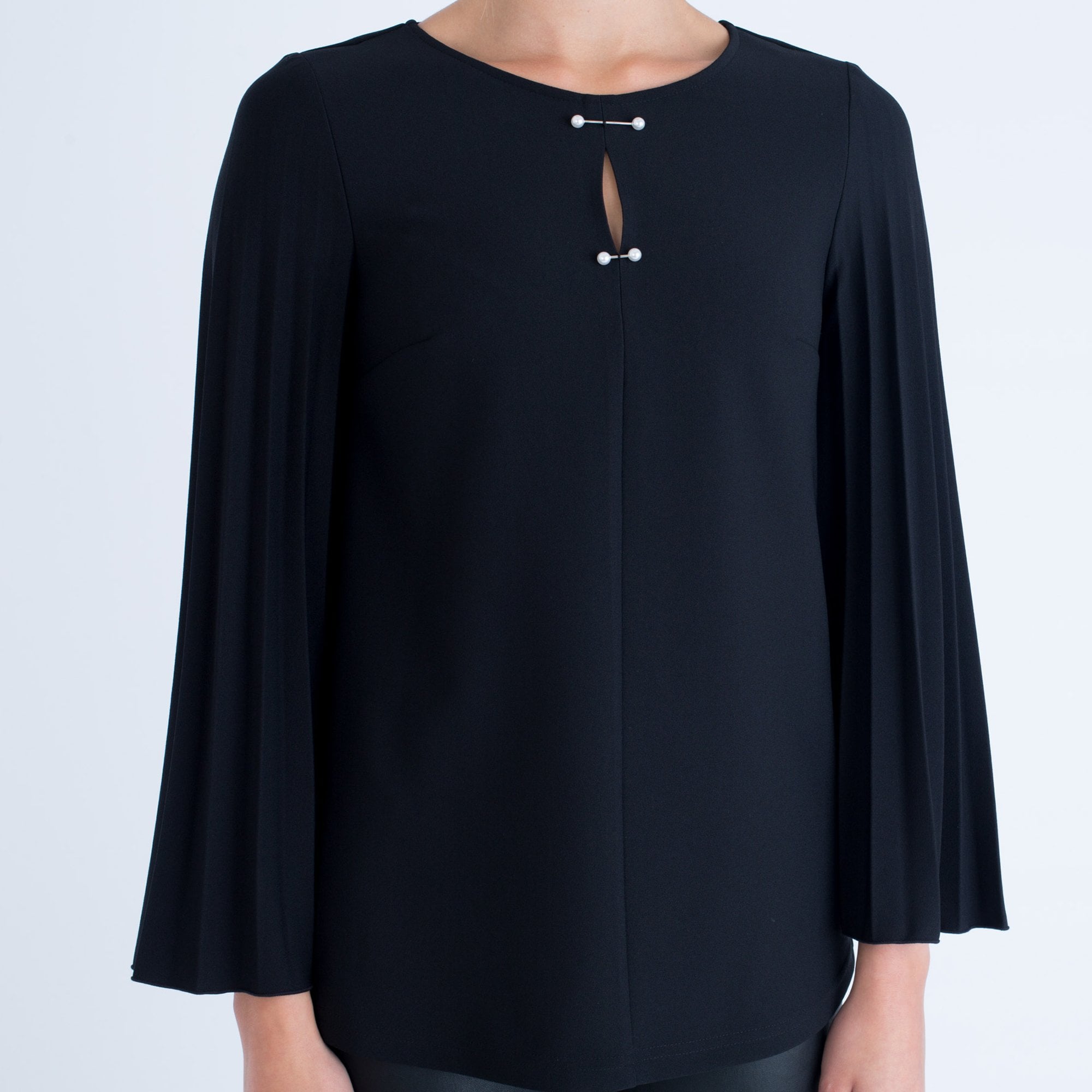 Camelot Round Neck Pleat Sleeve Pin Top Black