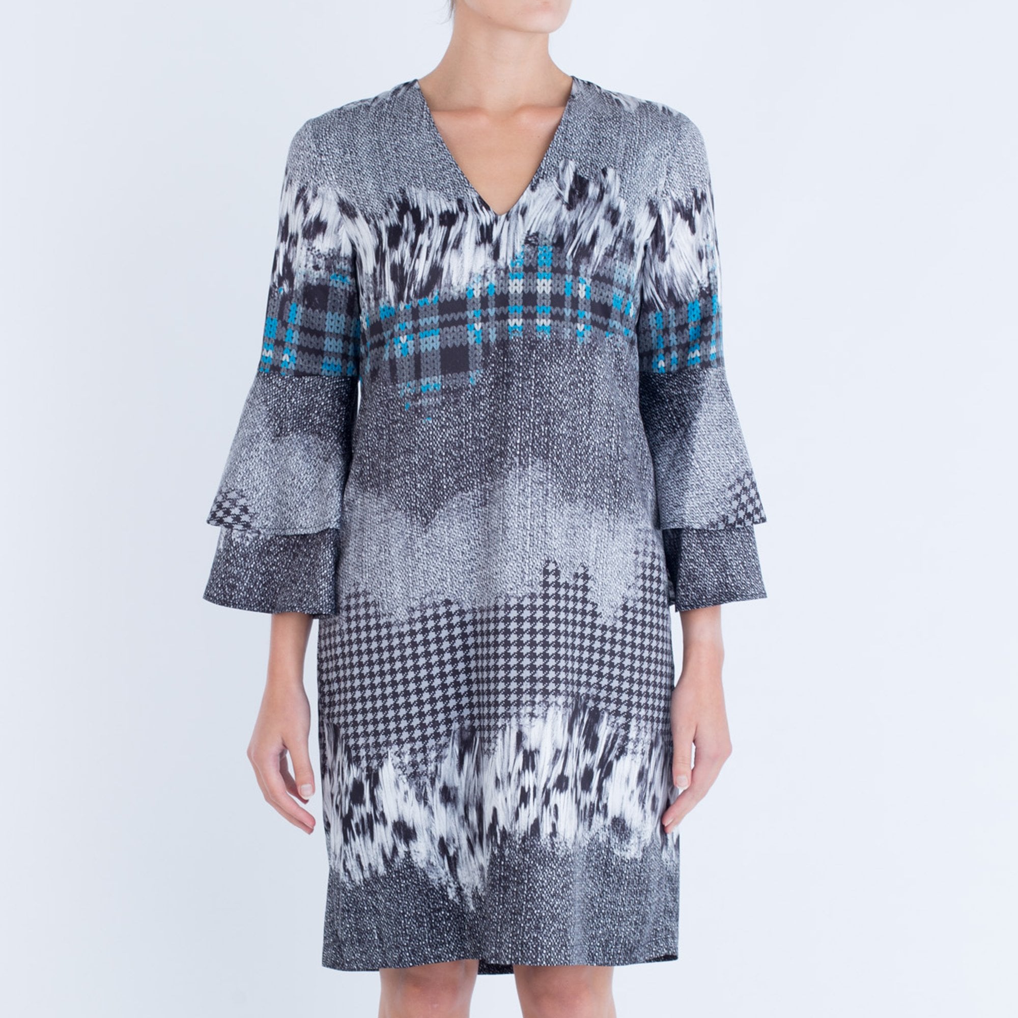 Camelot V Neck Dress With Double Frill Sleeve Grey