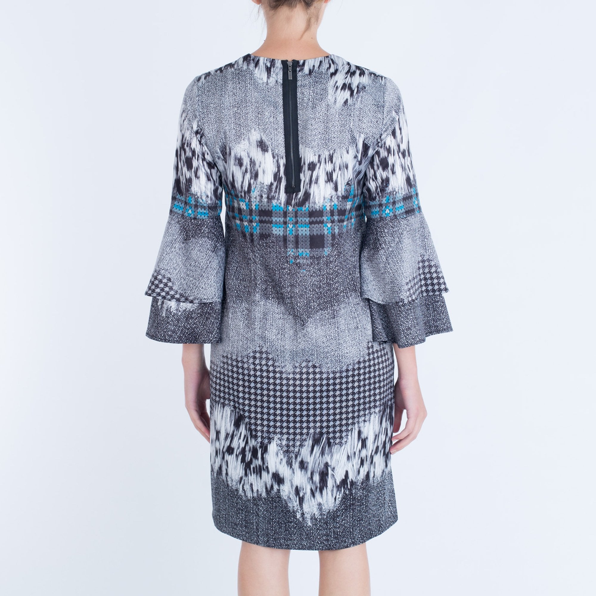 Camelot V Neck Dress With Double Frill Sleeve Grey