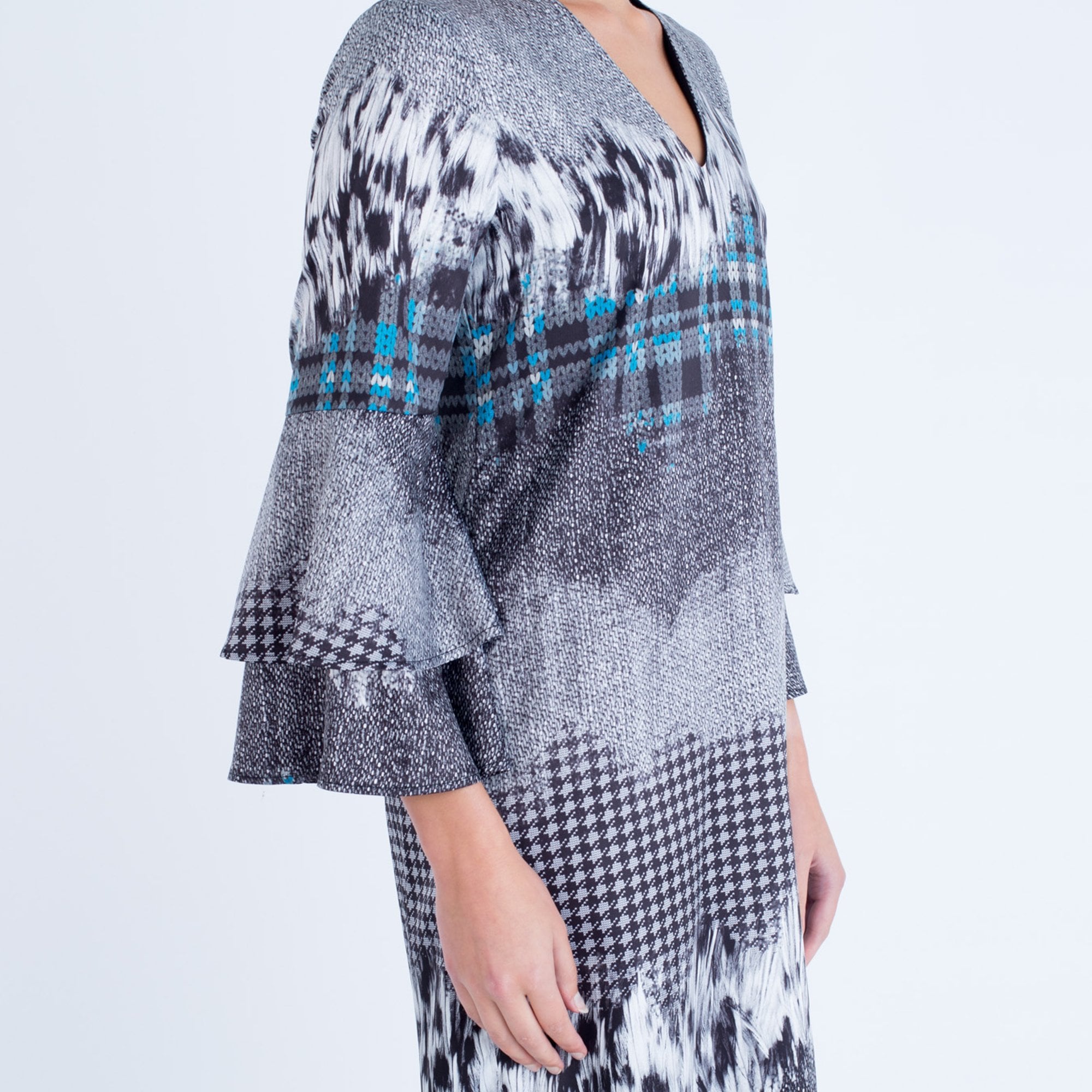 Camelot V Neck Dress With Double Frill Sleeve Grey