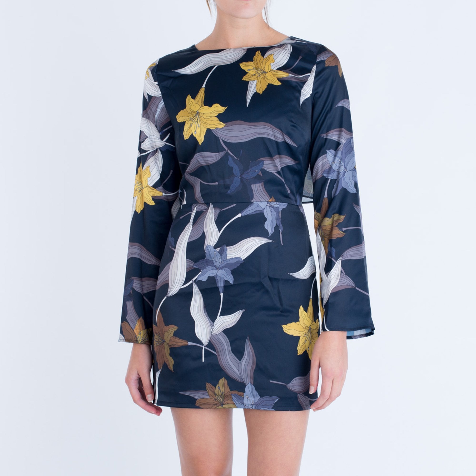 Marciano Floral Print Drape Back Satin Dress Blue/Yellow